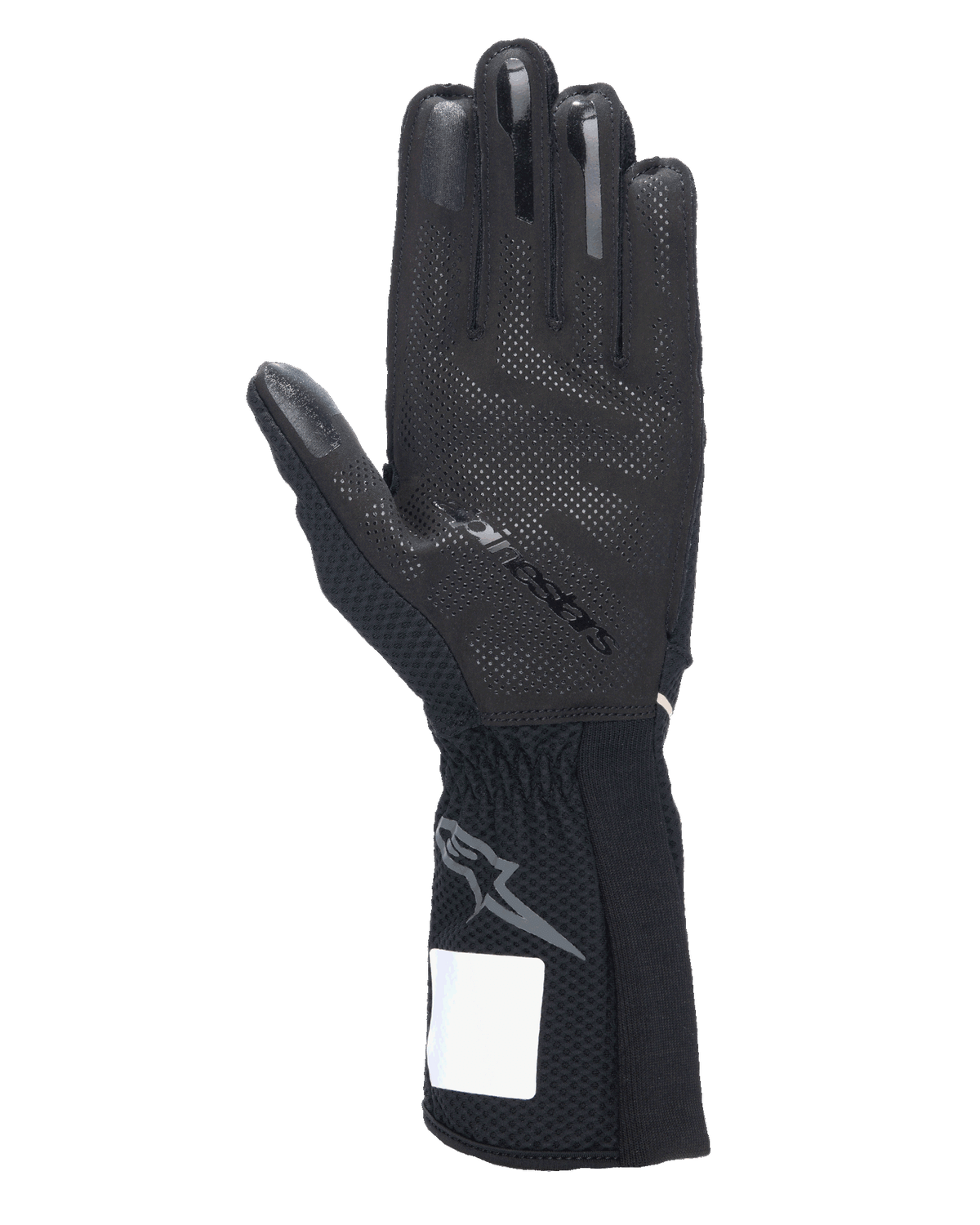 Alpinestars Tech-1 KX V4 Gloves, Karting Gloves, Black, palm view featuring 3D silicone grip patterning, external seams, and ribbed cuff with gray Astars logo, professional motorsport racing gear