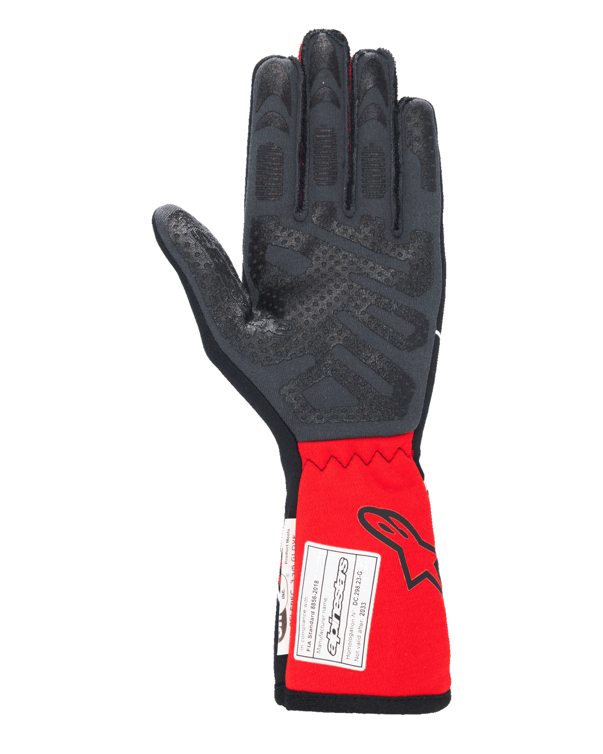 Alpinestars Tech-1 Race V4 Gloves, Auto Racing Gloves, Black and Red, palm view highlighting silicone grip patterns on fingers and palm, extended red cuff featuring Alpinestars logo and FIA certification label, high-performance motorsport gear