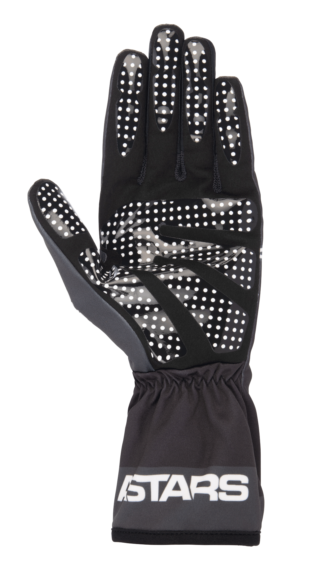 Alpinestars Tech-1 K Race V2 One Vision Gloves, Black and Tar Gray, palm view featuring white silicone dotted grip pattern, elasticated cuff with ASTARS logo, lightweight karting gear