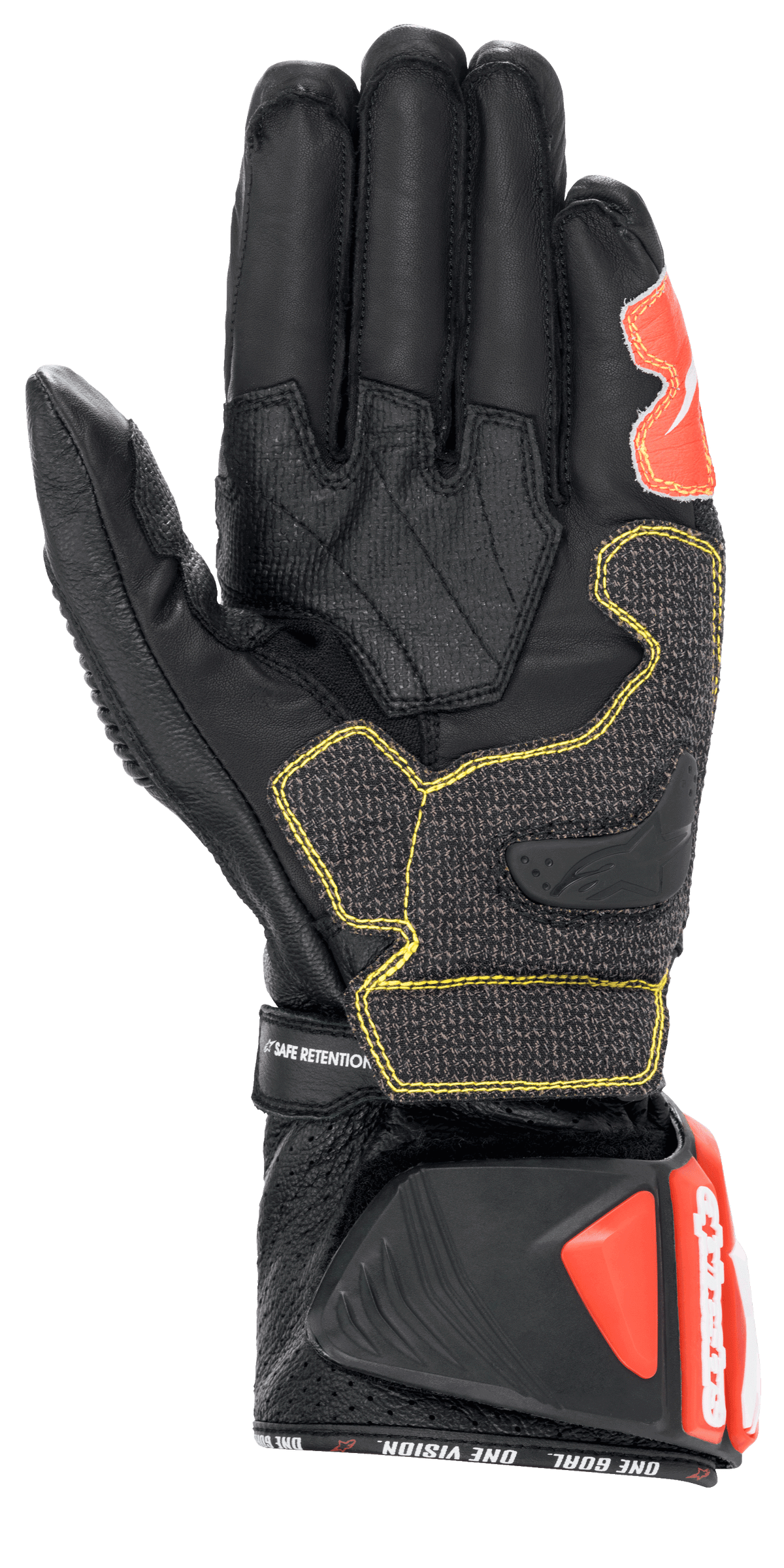 Alpinestars GP Tech V2 Gloves, Black White and Red Fluo, Palm View showing black leather construction with yellow contrast stitching, protective DFS cuff with red accents, professional racing motorcycle gear