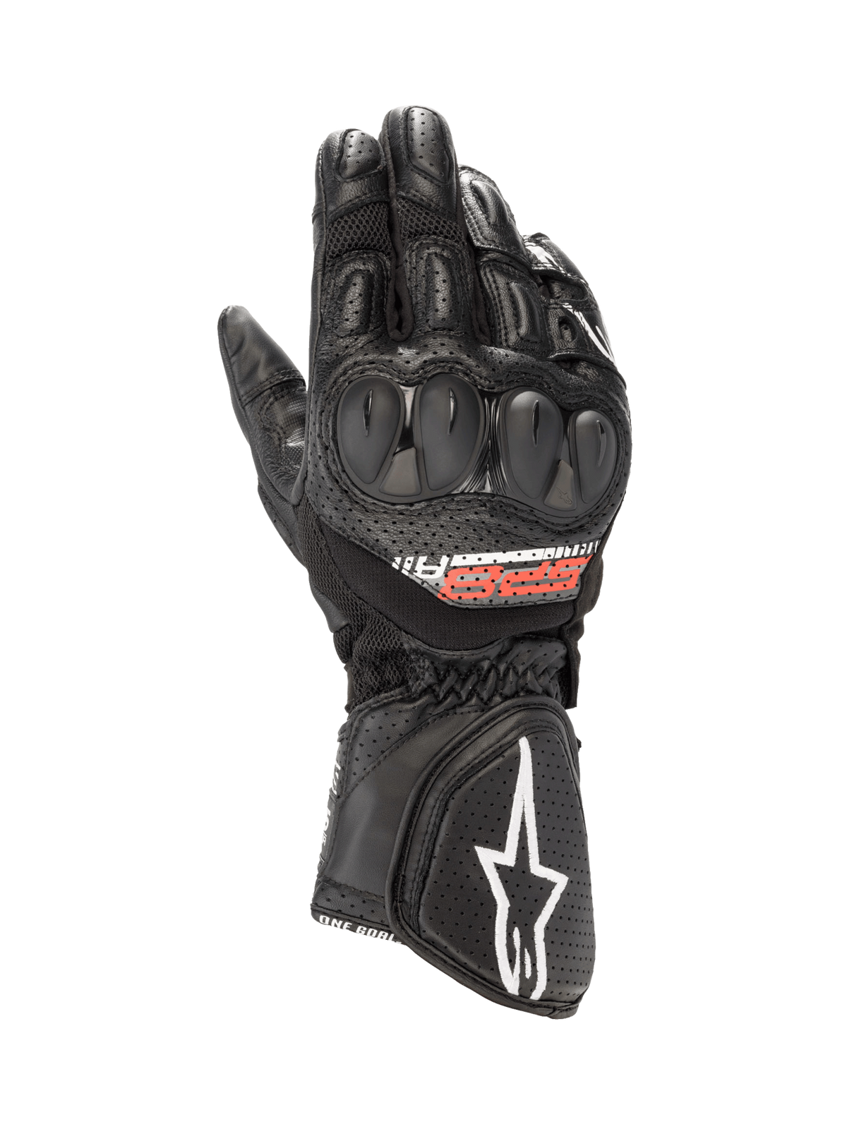 Alpinestars SP-8 V3 Air Gloves, Motorcycle Racing Gloves, Black, dual-density knuckle protection, perforated leather and mesh.