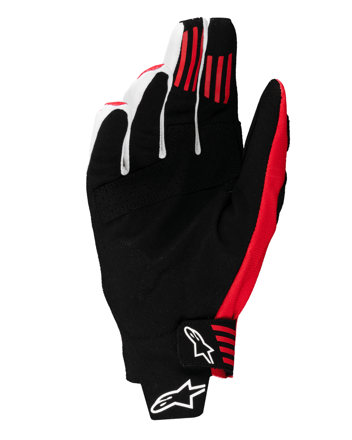 Alpinestars 2025 Techstar Gloves, Motocross Gloves, Black and Bright Red, palm view showing synthetic suede construction, red silicone grip stripes on fingers, and molded wrist closure with white Alpinestars logos
