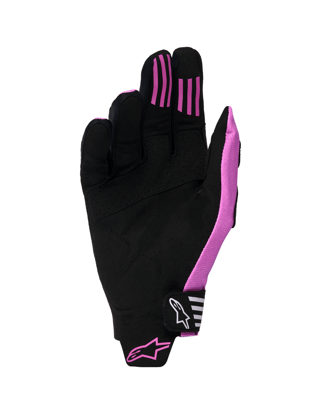 Alpinestars 2026 Techstar Gloves, Motocross Gloves, Black and Purple, palm view featuring synthetic suede construction, silicone grip strips on fingers, and a molded Velcro closure strap with branding.