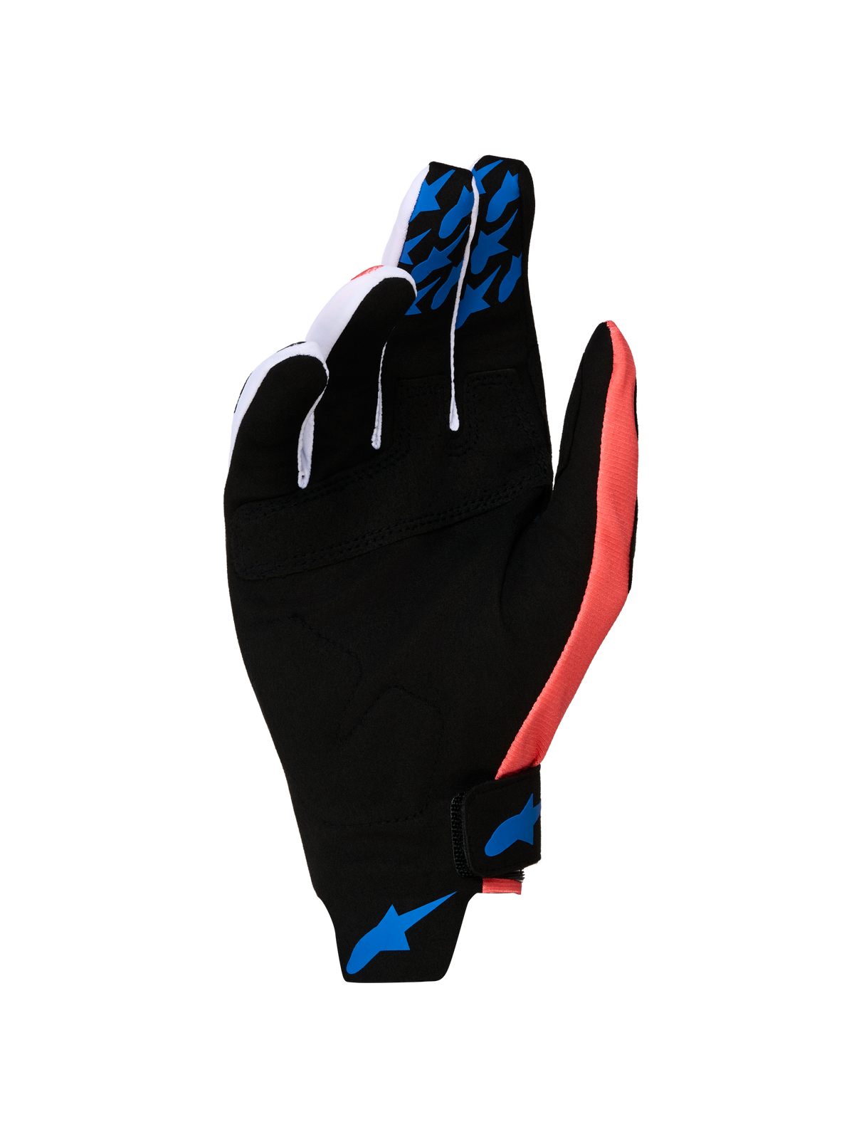 Alpinestars Techstar Gloves 2027, Motocross Gloves in Black and Pink with Blue silicone grips and synthetic suede palm.