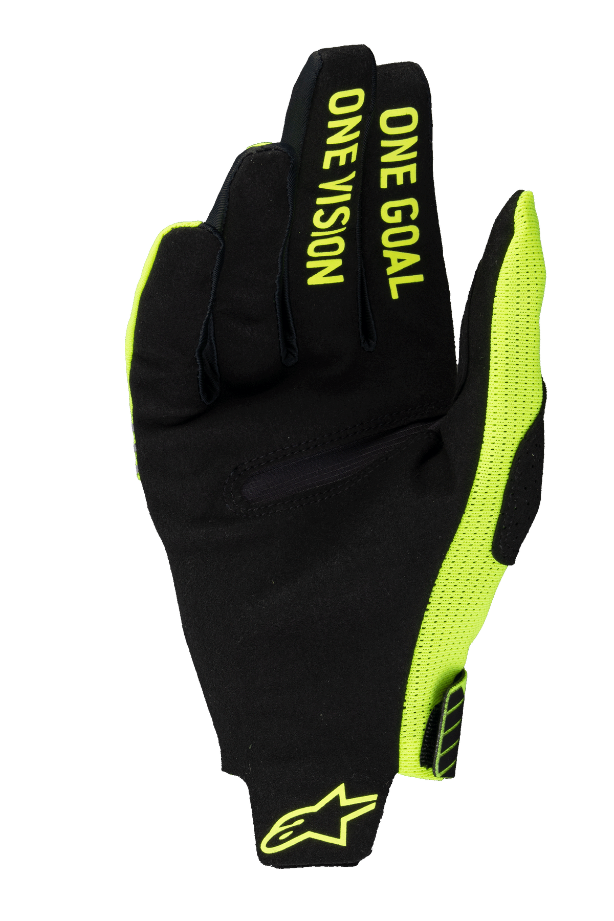 Alpinestars 2025 Radar Pro Gloves, Motocross Gloves, Yellow Fluo and Black, palm view featuring synthetic suede with 'ONE GOAL ONE VISION' text on fingers, fluo yellow mesh side panel and wrist logo.