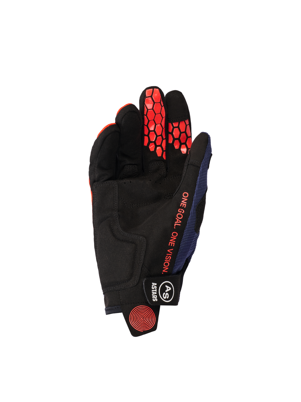 Alpinestars 2026 Pro-Dura Gloves, palm side view, Navy Hot Orange and White, black synthetic suede palm with orange hexagonal silicone grip on fingers, orange 'ONE GOAL. ONE VISION.' text, and black wrist closure with white branding.
