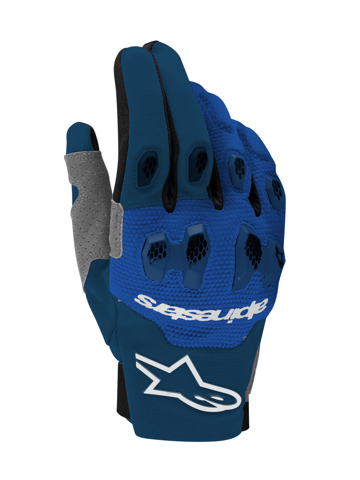 Alpinestars 2026 Pro-Dura Gloves, Motocross and Enduro Gloves, Navy Bright Blue and White, featuring two-piece TPR knuckle protection, multi-panel stretch construction, white Alpinestars logo on the cuff and branding on the backhand, technical off-road design