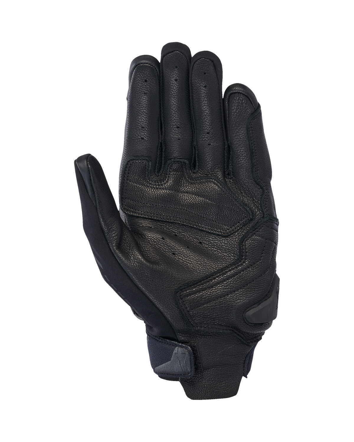 Alpinestars SP X 7 Gloves, Short Motorcycle Gloves, Black, palm view showing perforated leather for ventilation, reinforced palm overlays with a slider, and a compact wrist strap with an integrated pull tab