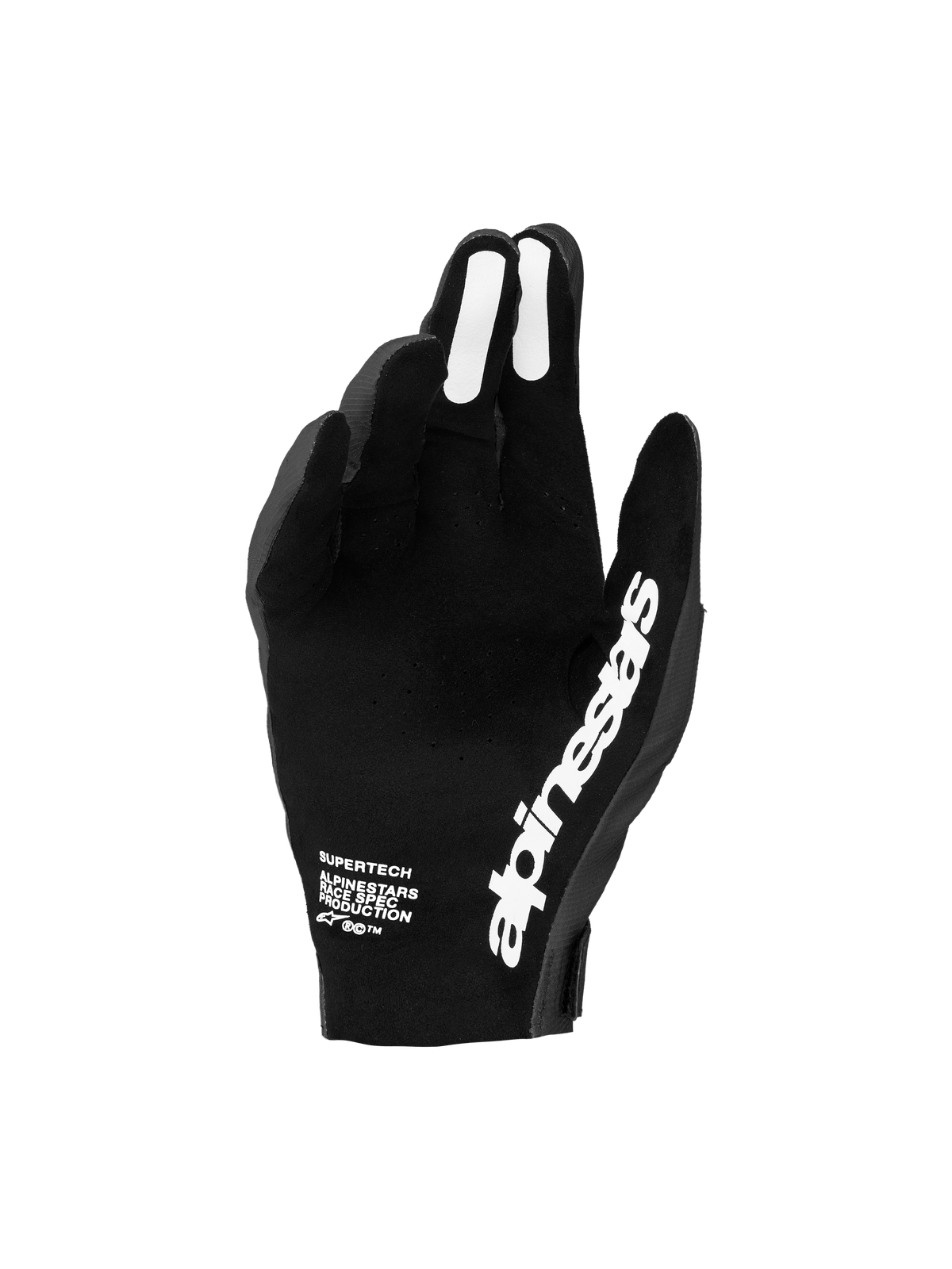 Alpinestars Supertech MX Gloves 2027, Men's Motocross Racing Gloves in Black and White, featuring a perforated palm for ventilation and silicone finger grips for precise lever control.