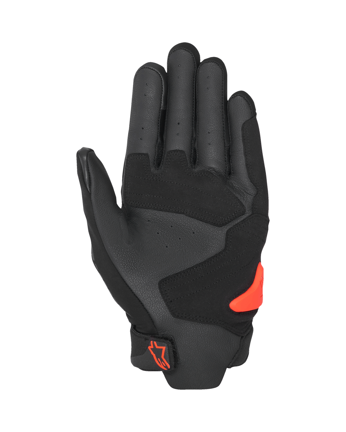 Alpinestars SP X 5 Air Gloves, Palm View, Black and Red Fluo, perforated leather palm with reinforced panels, bright red TPR palm slider, red Alpinestars logo on the wrist closure, sport motorcycle gloves
