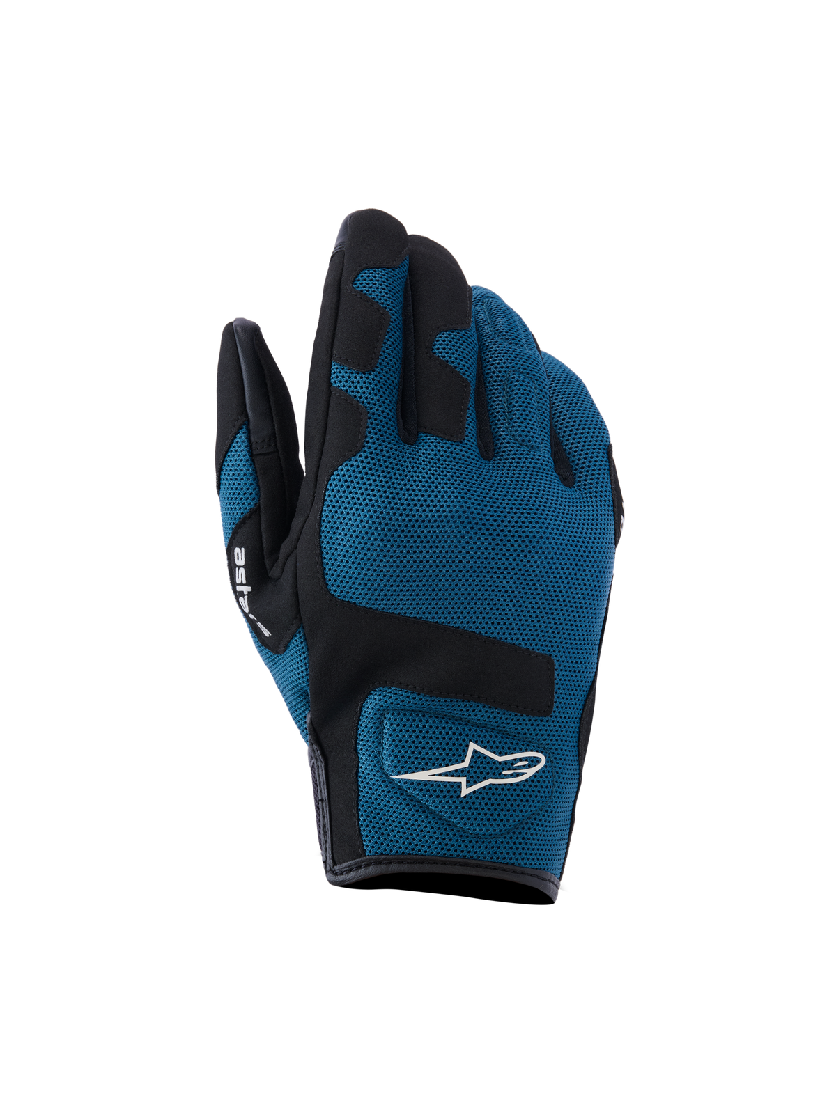Alpinestars Ignite Gloves, Urban Motorcycle Gloves, Indigo Blue and Black, breathable mesh textile construction on the backhand, black reinforced panels over the knuckles, white A-star logo, short cuff design for urban street riding