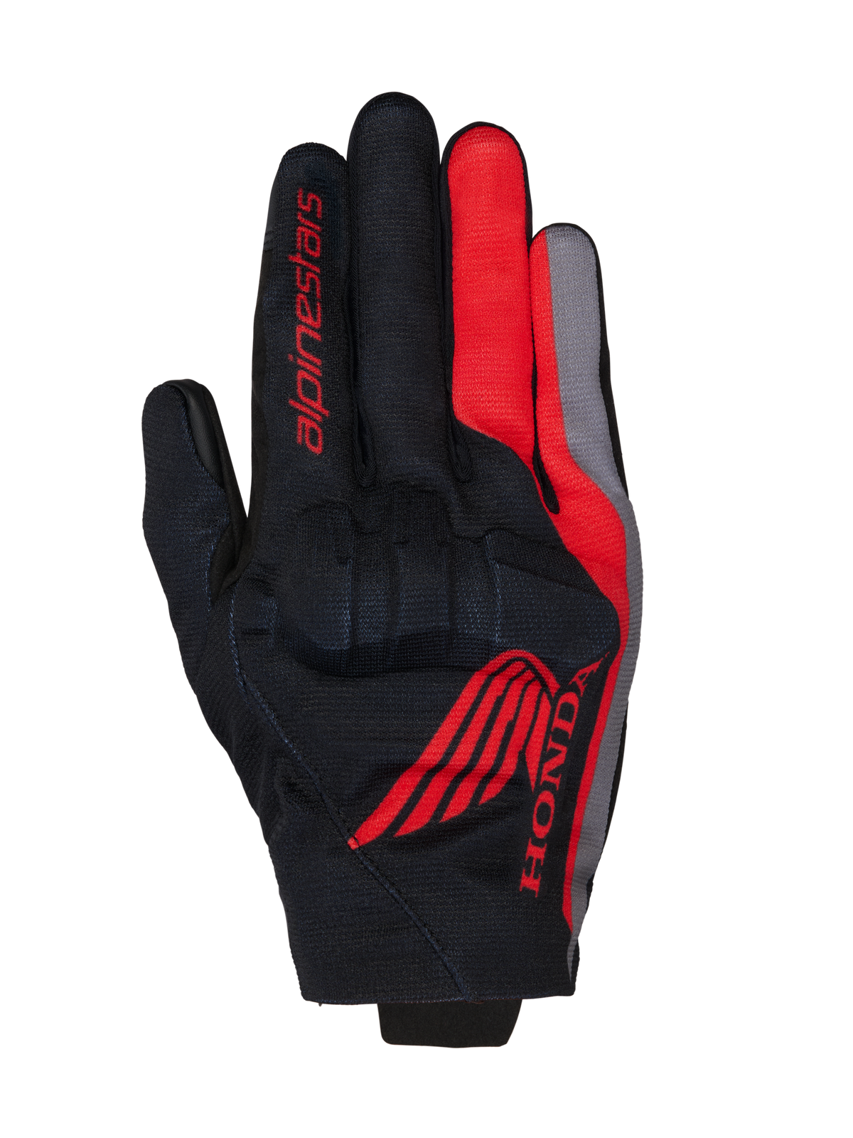 Alpinestars Honda Reef V2 Gloves, Motorcycle Gloves, Black with Bright Red and Dark Gray accents, featuring red Honda wing logo and Alpinestars branding, breathable textile construction with integrated knuckle protection, short cuff design