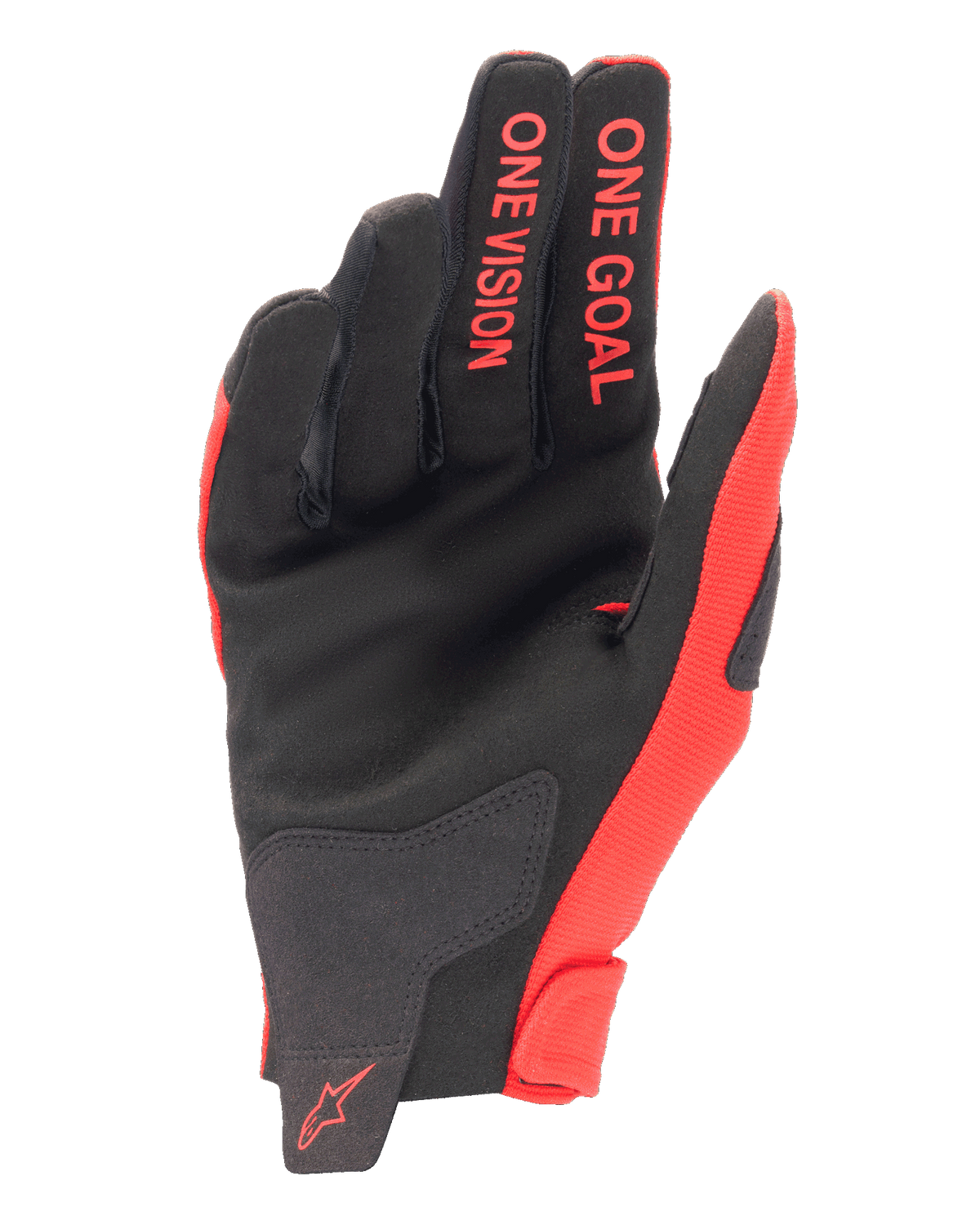 Alpinestars 2025 Radar Gloves, Motocross Gloves, Mars Red and Black, palm side view showing synthetic suede, red 'ONE GOAL' and 'ONE VISION' lettering on fingers, red logo on the wrist, performance off-road gear