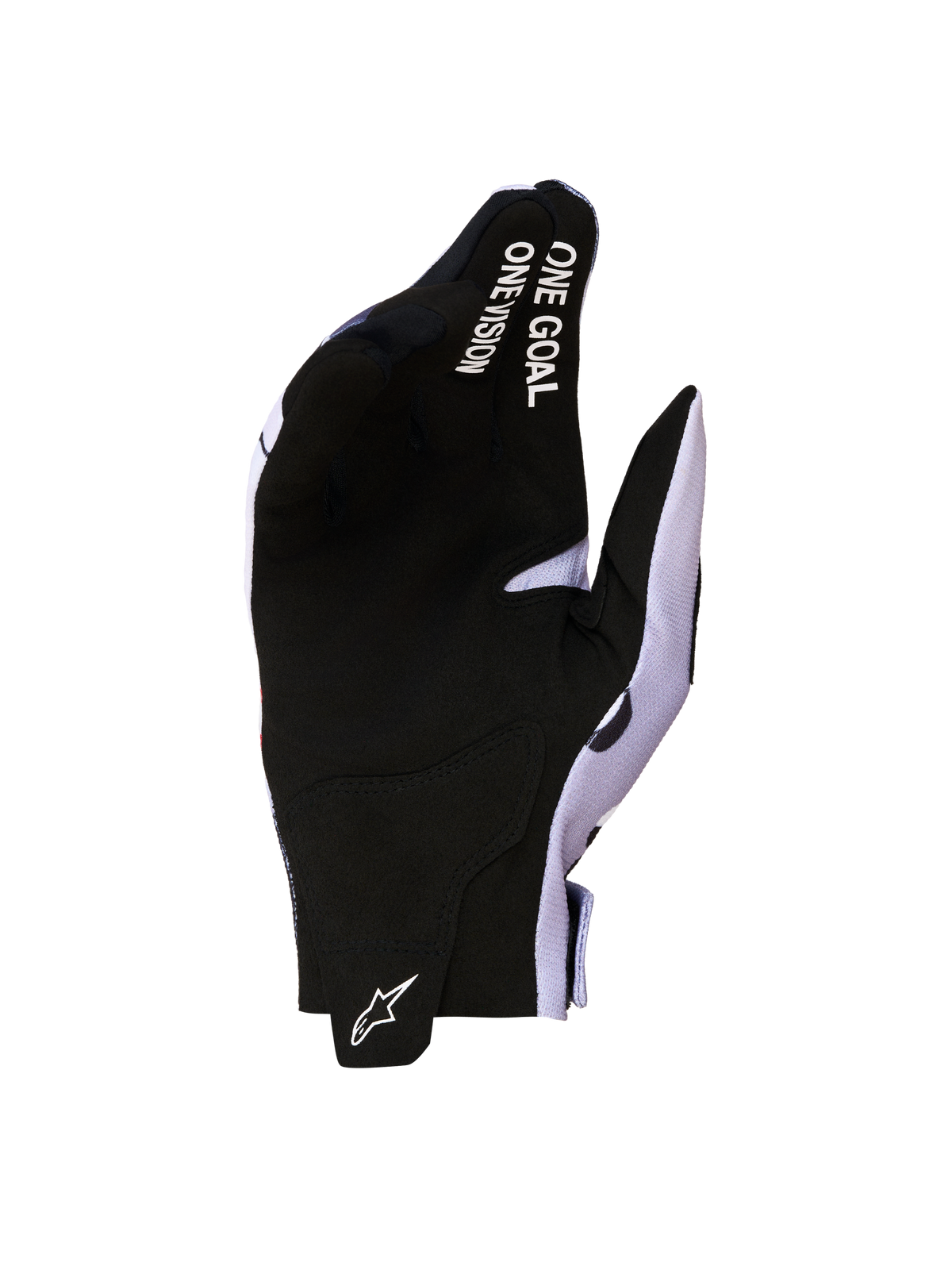 Alpinestars Radar Gloves 2027, black and gray motocross gloves with a synthetic suede palm and One Goal One Vision branding.