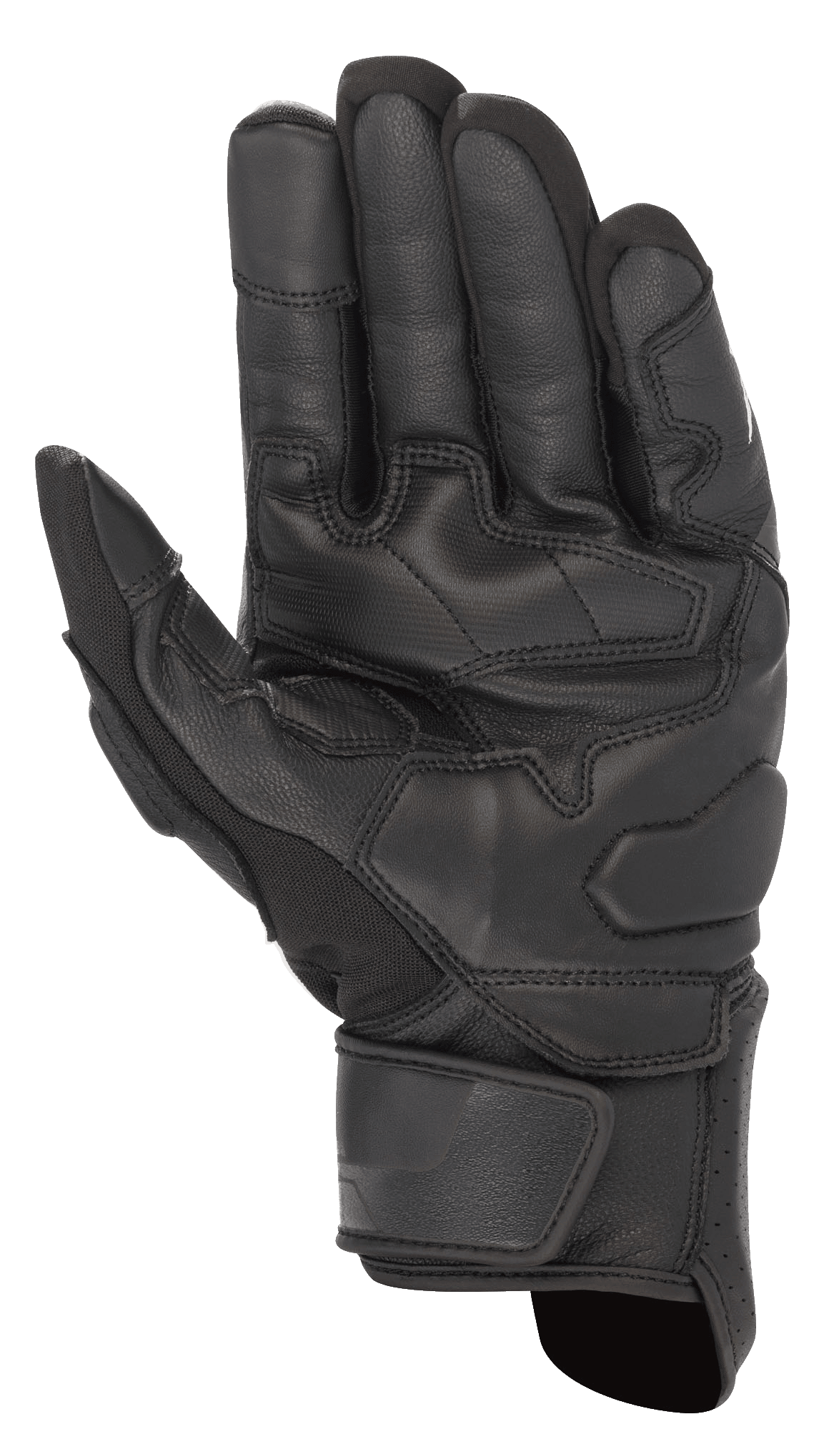 Alpinestars Booster V2 Gloves, Black, palm view of the motorcycle glove showing the durable leather construction, reinforced grip panels on the palm and thumb, and an adjustable wrist strap.