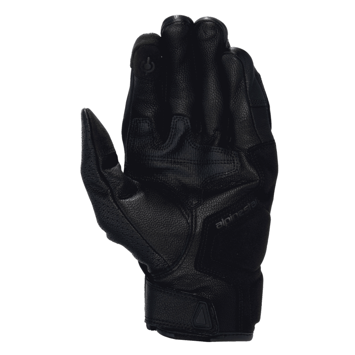 Alpinestars Celer V3 Men's Gloves, black goat leather motorcycle racing gloves, palm view with touchscreen finger.