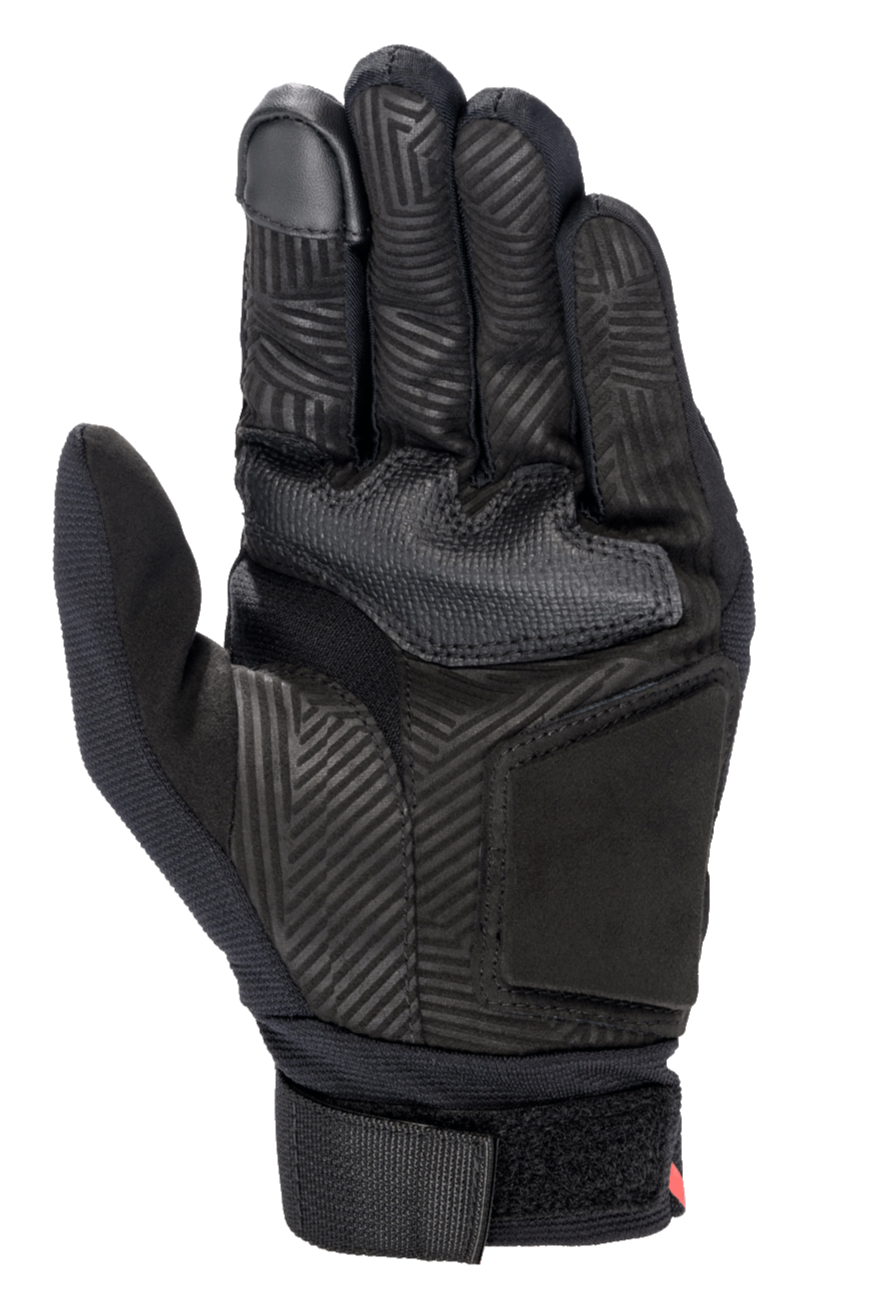 Alpinestars Aragon Glove, Palm View, Black, motorcycle glove featuring synthetic suede palm with maze pattern heat stamp, rubber grip zone, touchscreen compatible index finger, and adjustable webbing wrist strap