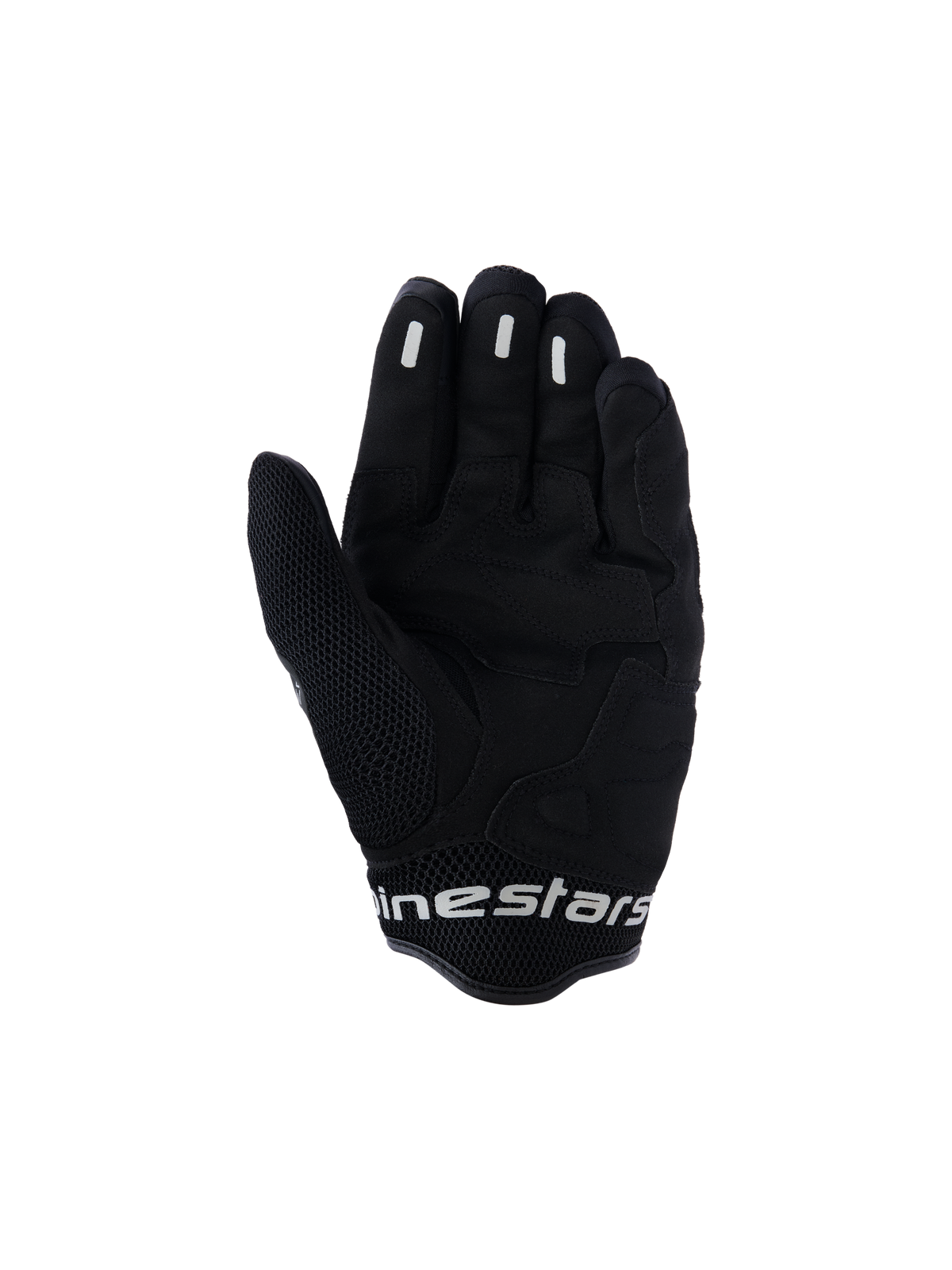 Alpinestars Mogress Airflow Gloves, Urban Motorcycle Gloves, Anthracite Black, palm view featuring synthetic reinforcements and 3D mesh zones, silicone grip inserts on fingers, short cuff with white branding