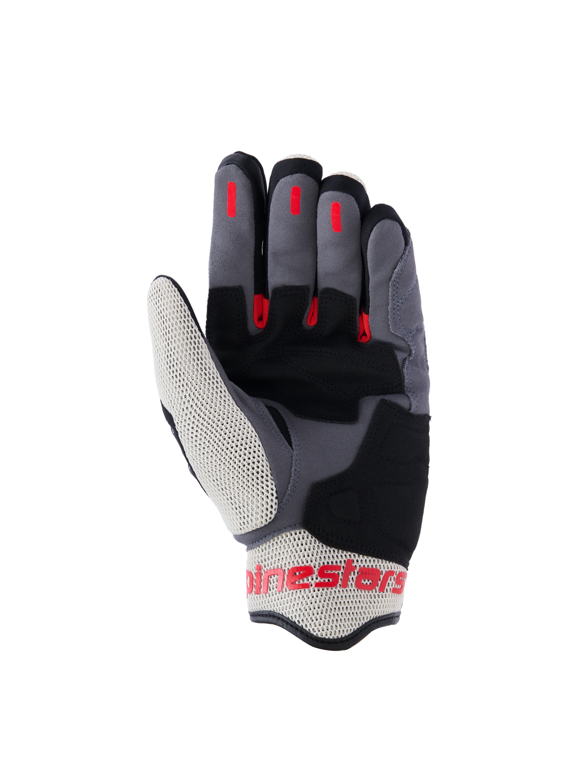 Alpinestars Mogress Airflow Gloves, Urban Motorcycle Gloves, Black Flame Red and Ecru, palm view featuring synthetic suede reinforcements, red silicone grip inserts on fingers, and breathable mesh panels on the thumb and cuff.