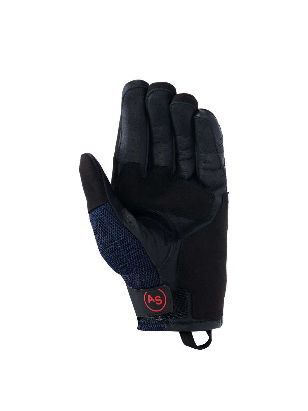 Alpinestars Manti Air Gloves, Motorcycle Gloves, Deep Blue and Black, leather palm view with perforated fingers, mesh side panels, and red circular AS logo on the wrist strap, adventure riding gear