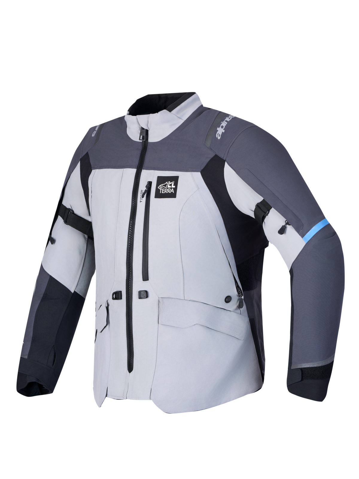 Alpinestars Stella ST-7 V2 2L Gore-Tex Jacket, women's adventure touring motorcycle jacket in mid gray, deep gray, and black, front three-quarter view showing waterproof GORE-TEX textile construction, zipped chest pocket, and All Terra branding