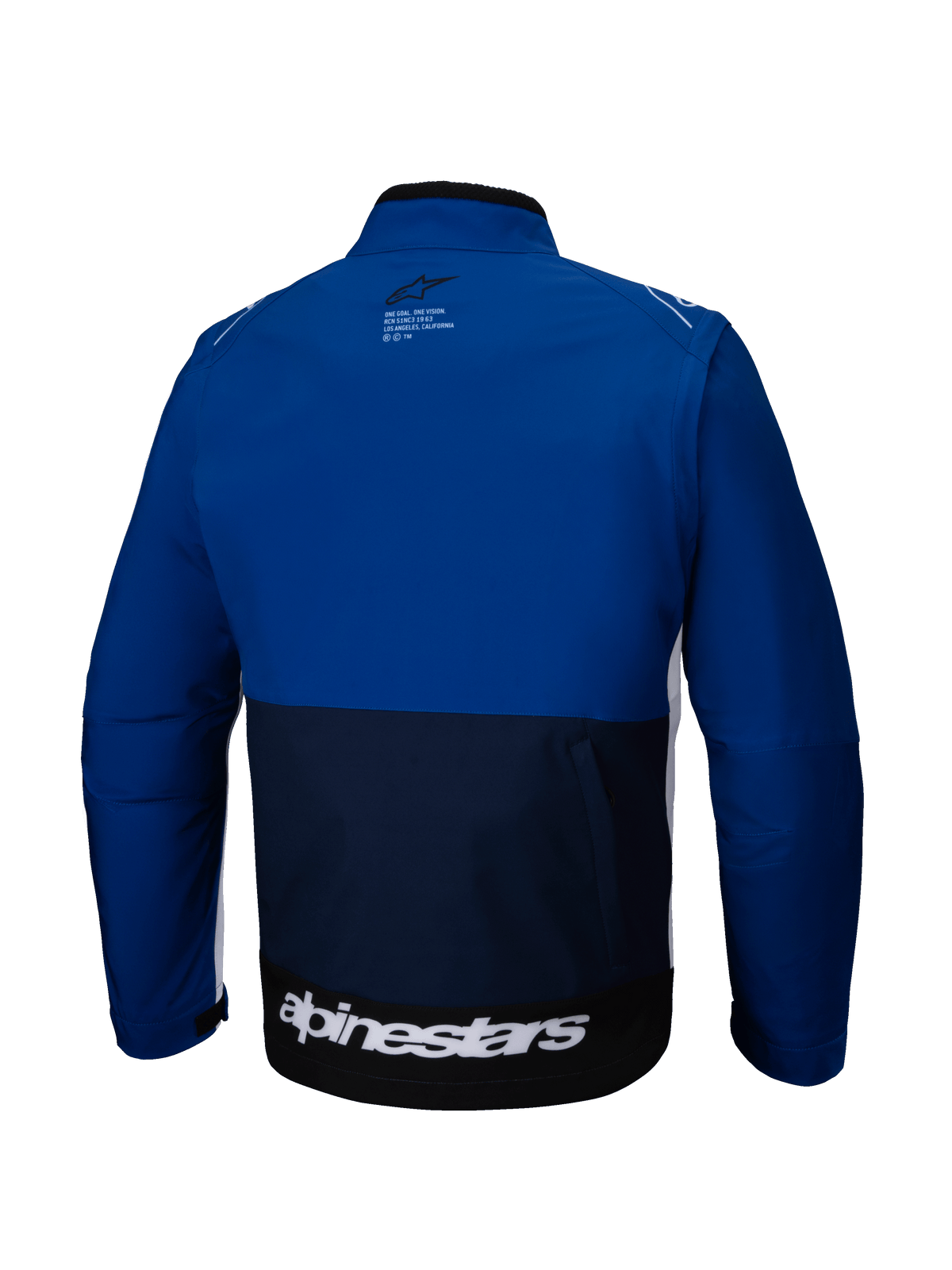 Alpinestars Lite-Dura Softshell Jacket, Back View, Navy, Bright Blue, and White, Off-road motorcycle jacket featuring a color-blocked design, large white branding on the lower back hem, and a small logo on the upper back.