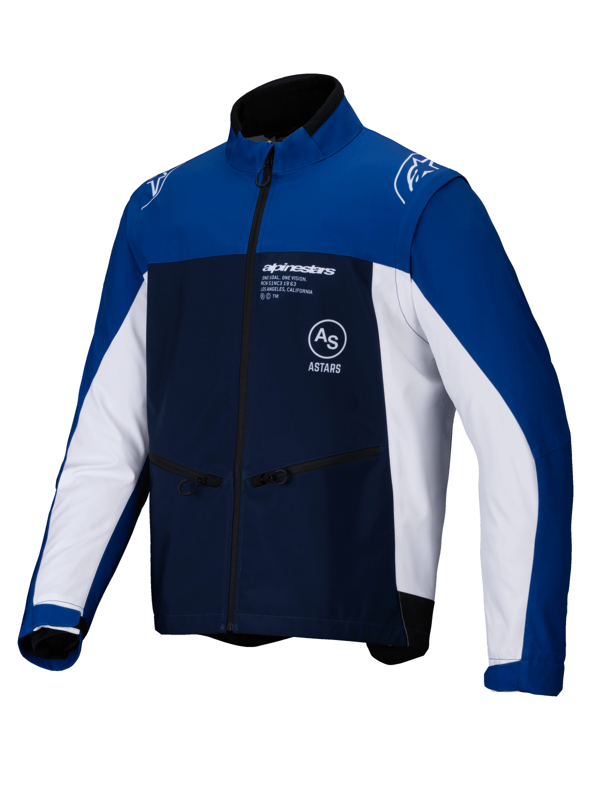 Alpinestars Lite-Dura Softshell Jacket, Off-road Motorcycle Jacket, Navy Bright Blue and White, full front zipper and zippered hand pockets, Alpinestars branding on the chest and shoulders, durable softshell material for enduro riding