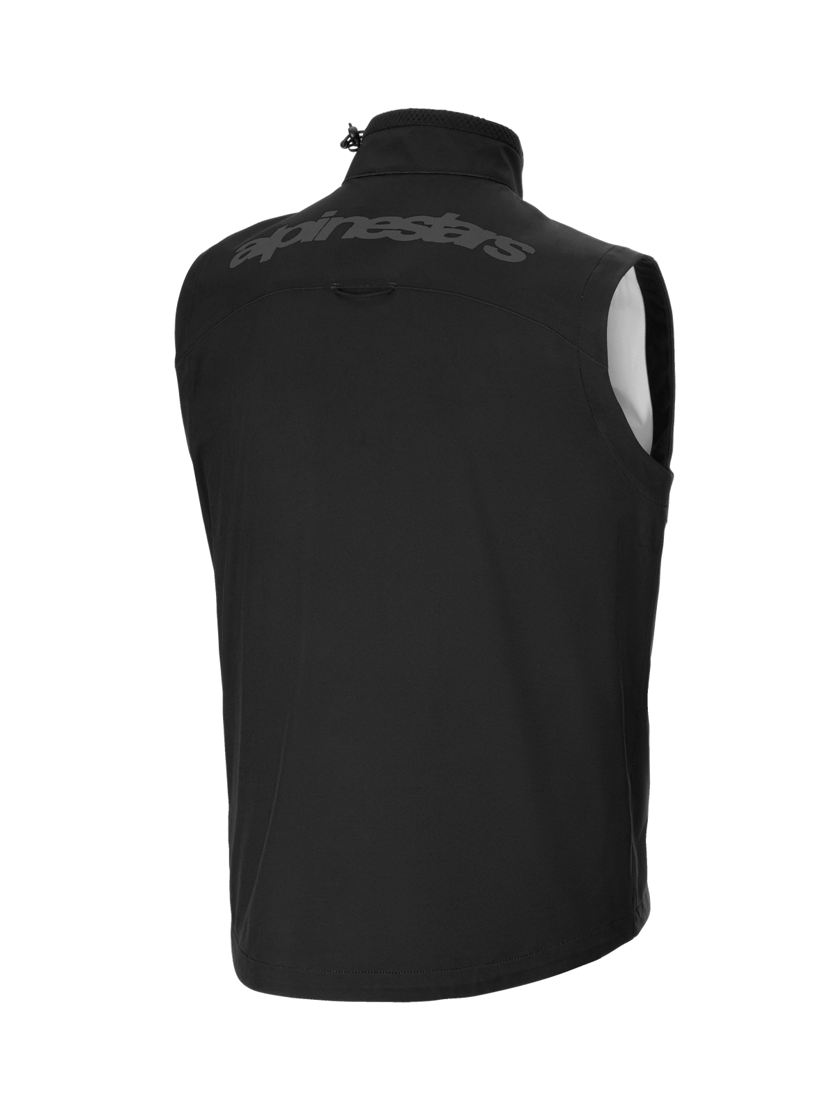 Alpinestars Techstar Softshell Vest, Black, Rear view featuring a large tonal alpinestars wordmark across the upper back, windproof lightweight softshell material, high collar with adjustable toggle, ergonomic sleeveless design for off-road gear layering.
