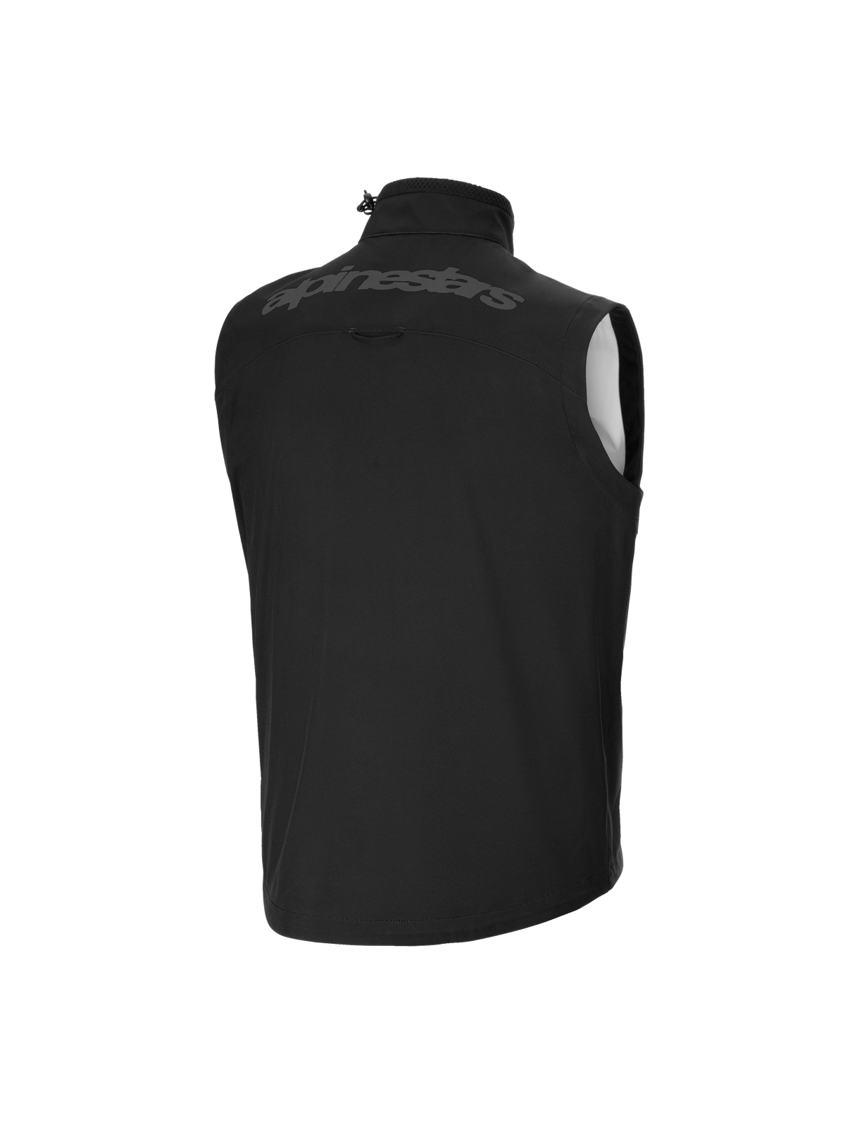 Alpinestars Youth Techstar Softshell Vest, Motocross Vest, Black, back view, featuring tonal Alpinestars wordmark on the upper back, high collar with shock cord adjuster, lightweight windproof softshell material.