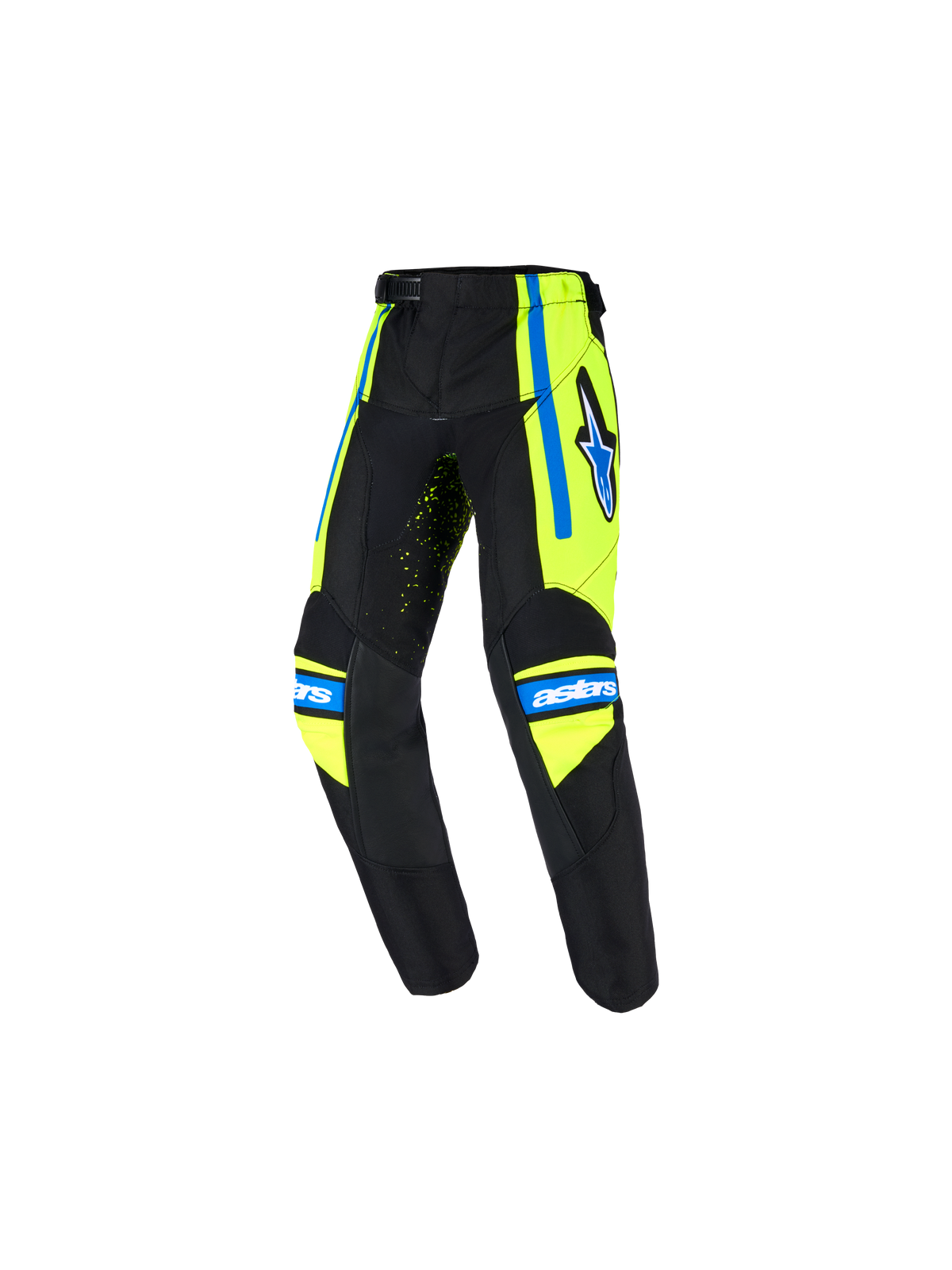 Alpinestars 2026 Kids Racer Nomur Pants, Youth Motocross Pants, Dark Navy with Yellow Fluo and UCLA Blue accents, featuring star logo on the thigh, 'astars' branding on the knees, and ergonomic pre-curved design for off-road racing
