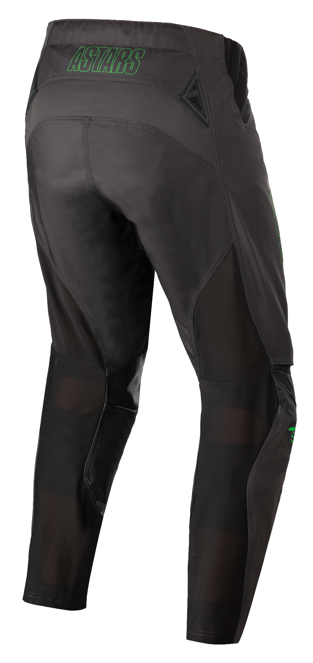 Alpinestars Techstar Phantom Pants, Motocross Pants, Anthracite and Green Neon, rear view featuring green neon 'ASTARS' branding on the waist, mesh ventilation panels on the back of the legs, and reinforced seat for durability in off-road racing