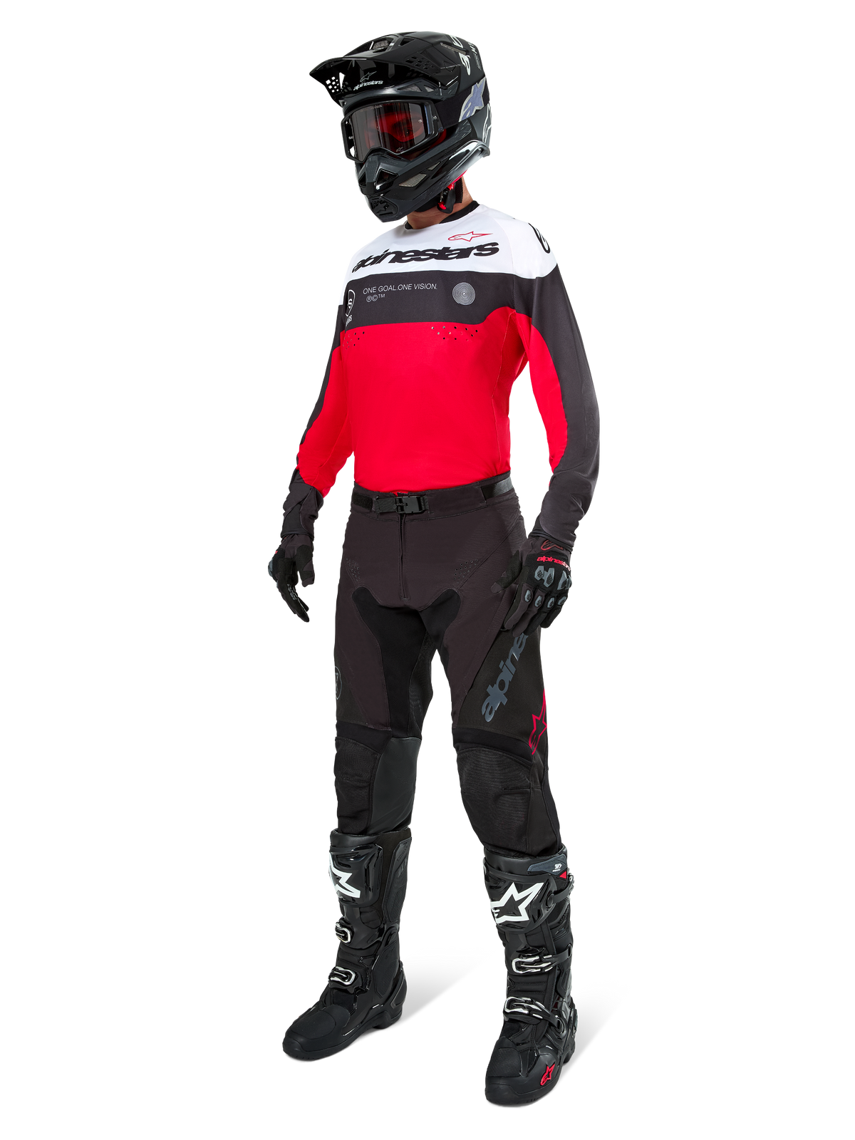 Alpinestars Pro-Dura Pants in Black Magnet White, worn by a rider with a matching red, black and white jersey, black helmet, and black off-road boots, complete professional enduro racing gear set for off-road performance.