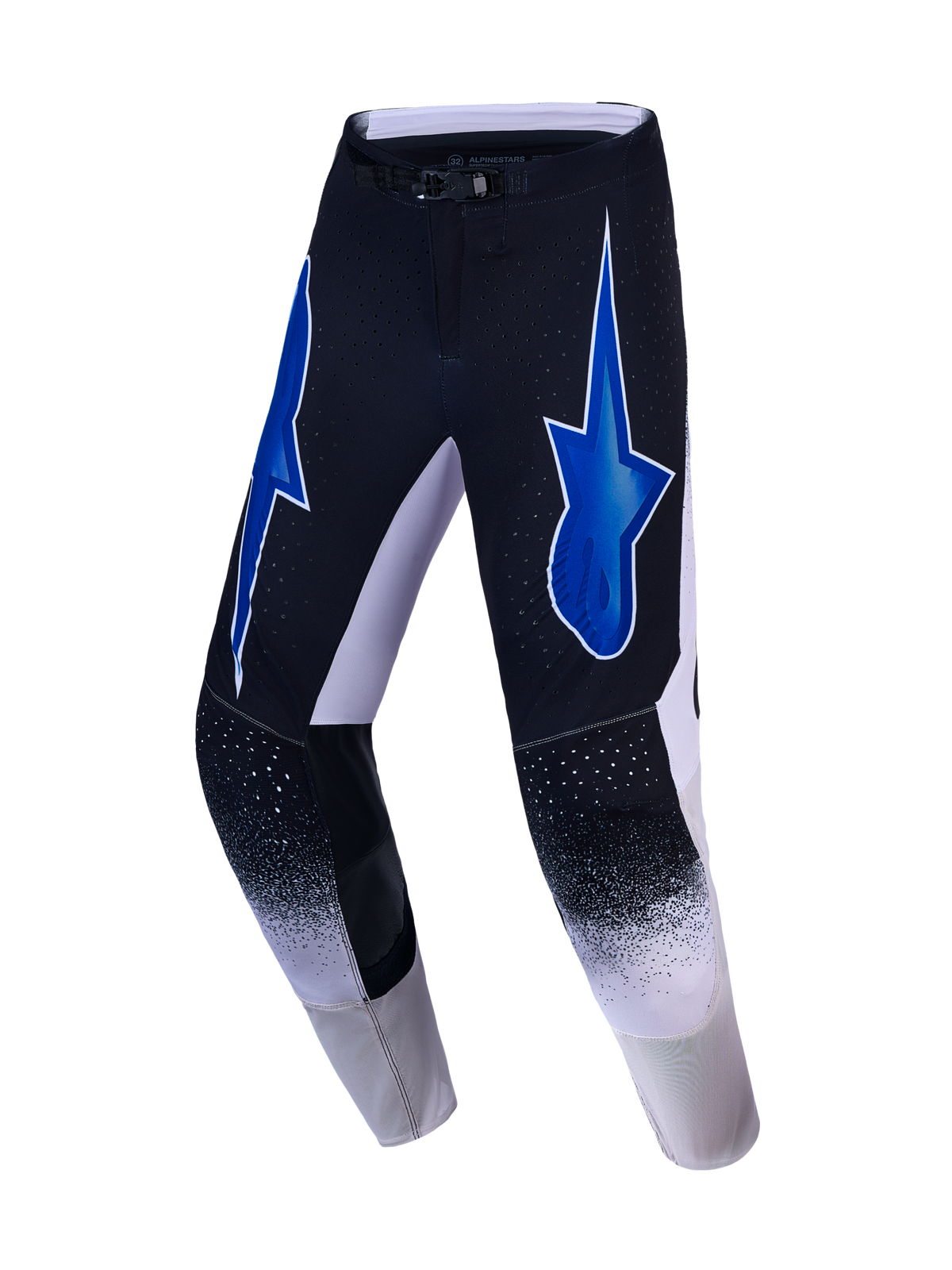 Alpinestars Supertech Hiten AFD Motocross Pants in black and white with blue star graphics and performance ventilation.