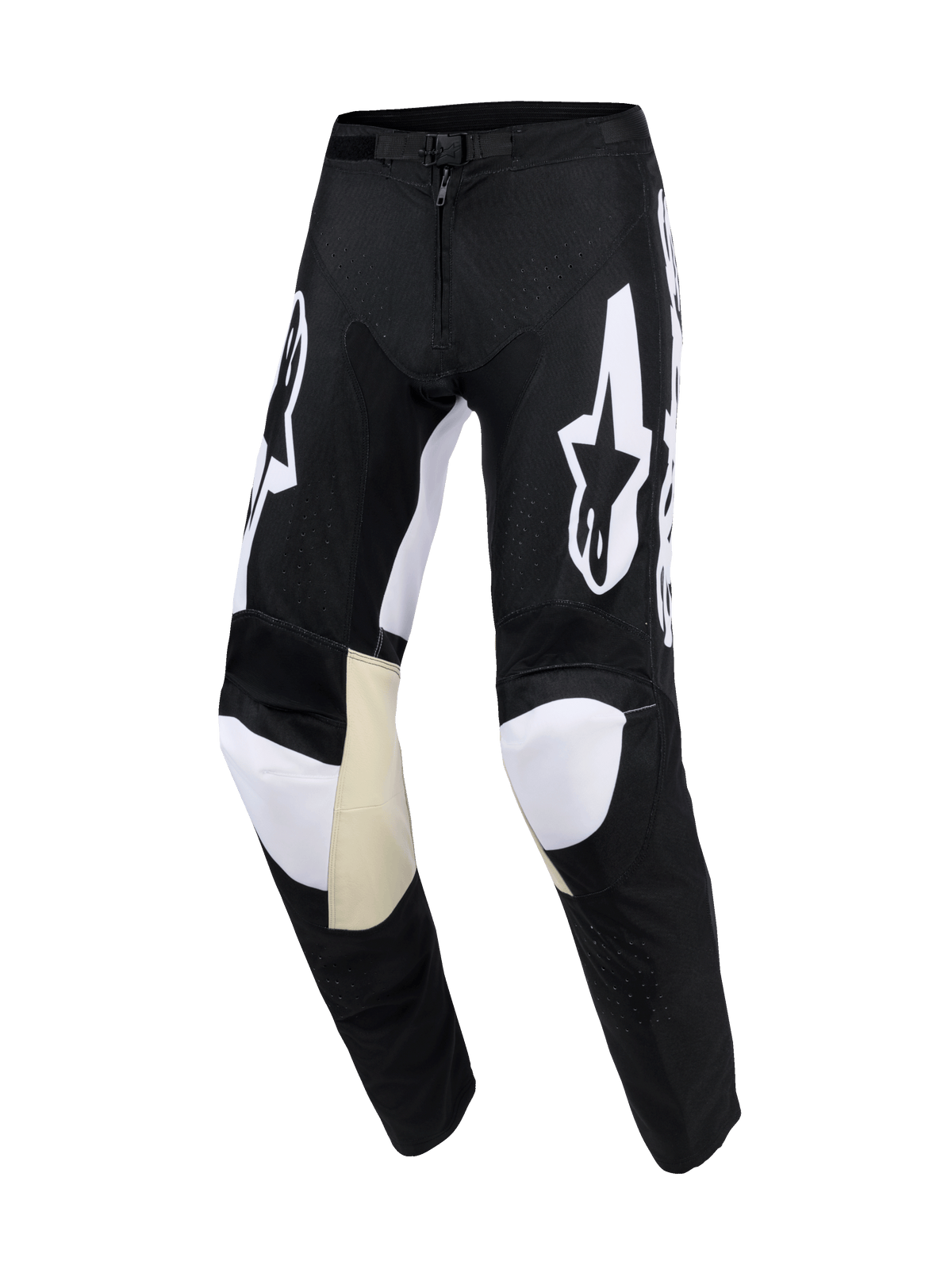 Alpinestars 2026 Racer Air Riway Pants, Motocross Pants, Black and White, featuring white Astars logos on the thighs, tan leather inner knee panels, laser-cut perforations for airflow, and a pre-curved athletic design.