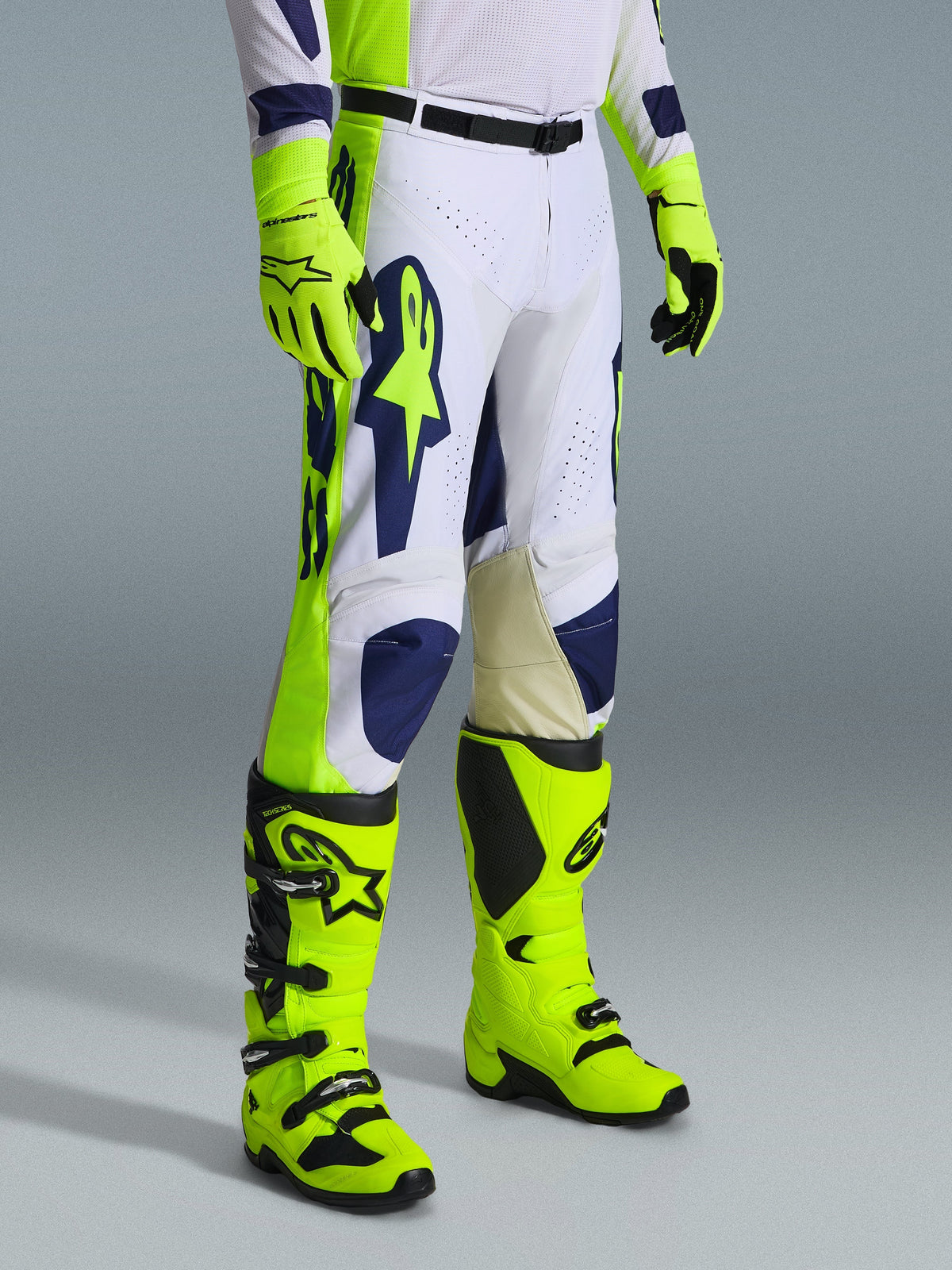 Alpinestars 2026 Racer Air Riway Gear Set, Motocross pants in white with navy and fluo yellow accents, paired with matching fluo yellow boots and gloves, featuring airflow perforations and ergonomic design, professional off-road racing outfit.