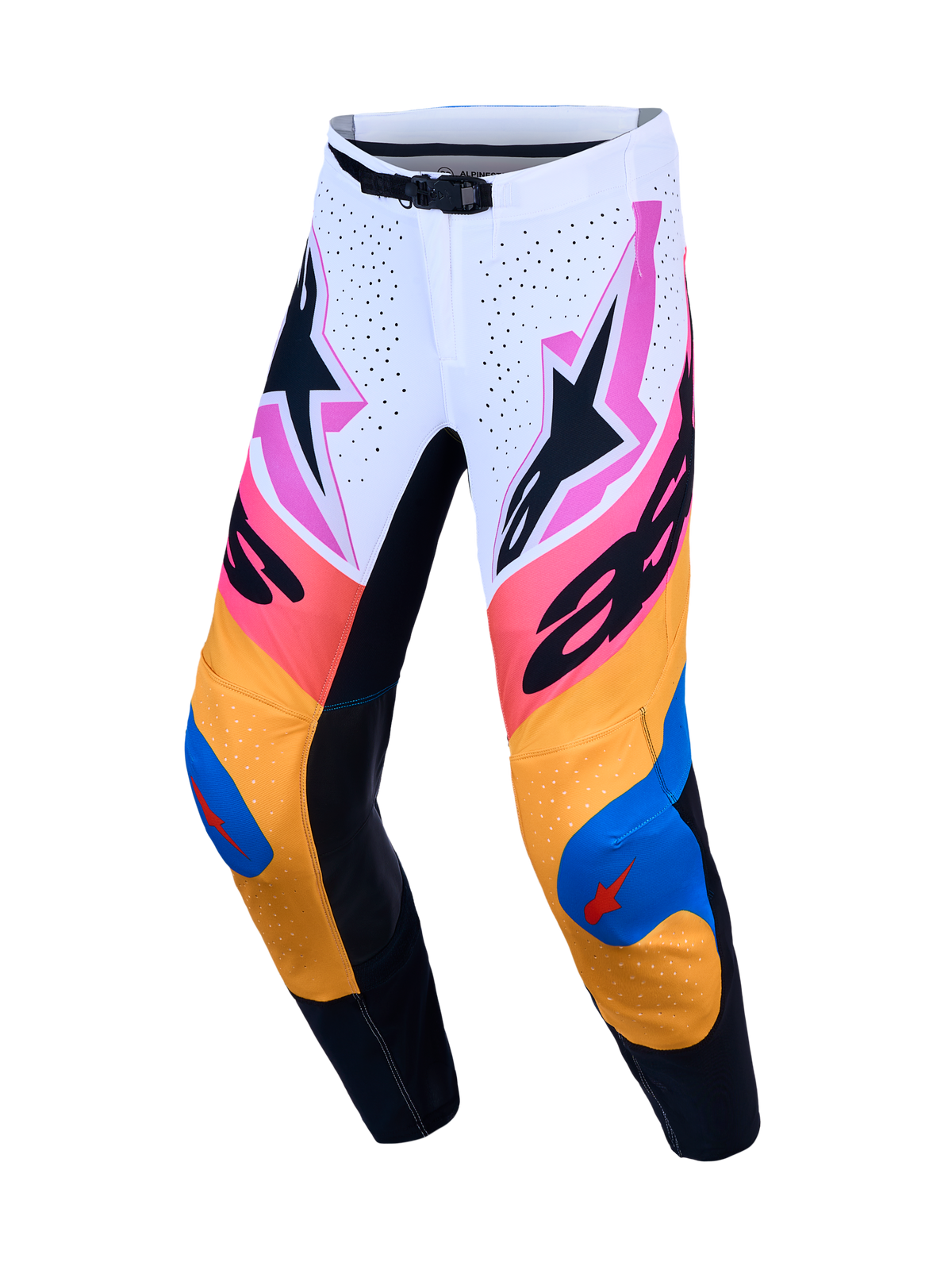 Alpinestars Supertech Dyna Pants, performance motocross gear in white, blue, and orange with lightweight stretch rip-stop.
