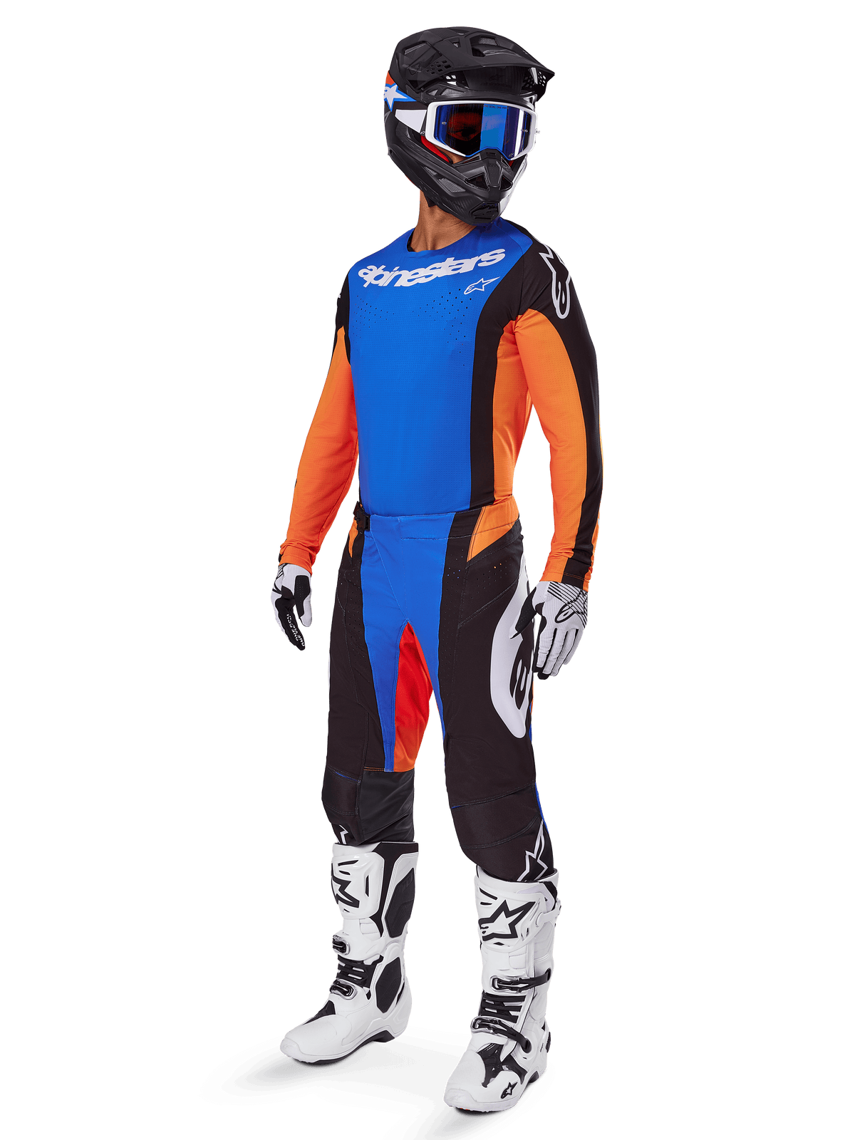 Alpinestars 2025 Techstar Melt Gear Set, Motocross rider wearing blue jersey with orange sleeves, black pants with blue and orange accents, matching black helmet with blue goggles, and white and black racing boots