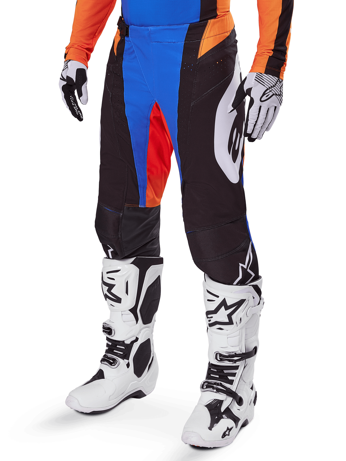 Alpinestars 2025 Techstar Melt Pants, Motocross Pants, Black with Blue and Orange accents, worn with white boots and matching jersey, featuring durable protective material and a sporty racing design