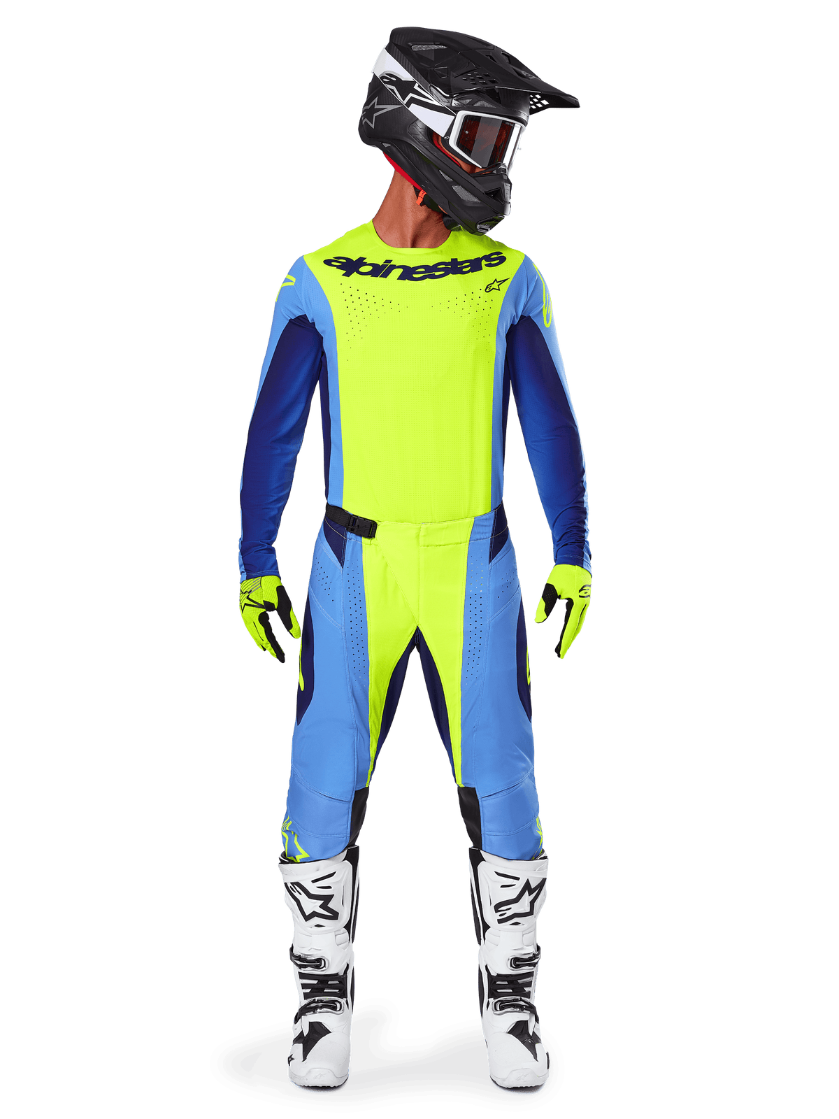 Motocross rider wearing the Alpinestars 2025 Techstar Melt Gear Set, Bright Yellow Fluo jersey with blue and navy sleeves, matching yellow and blue pants, black and white helmet with goggles, white and black boots, yellow and black gloves, coordinated outfit for off-road racing