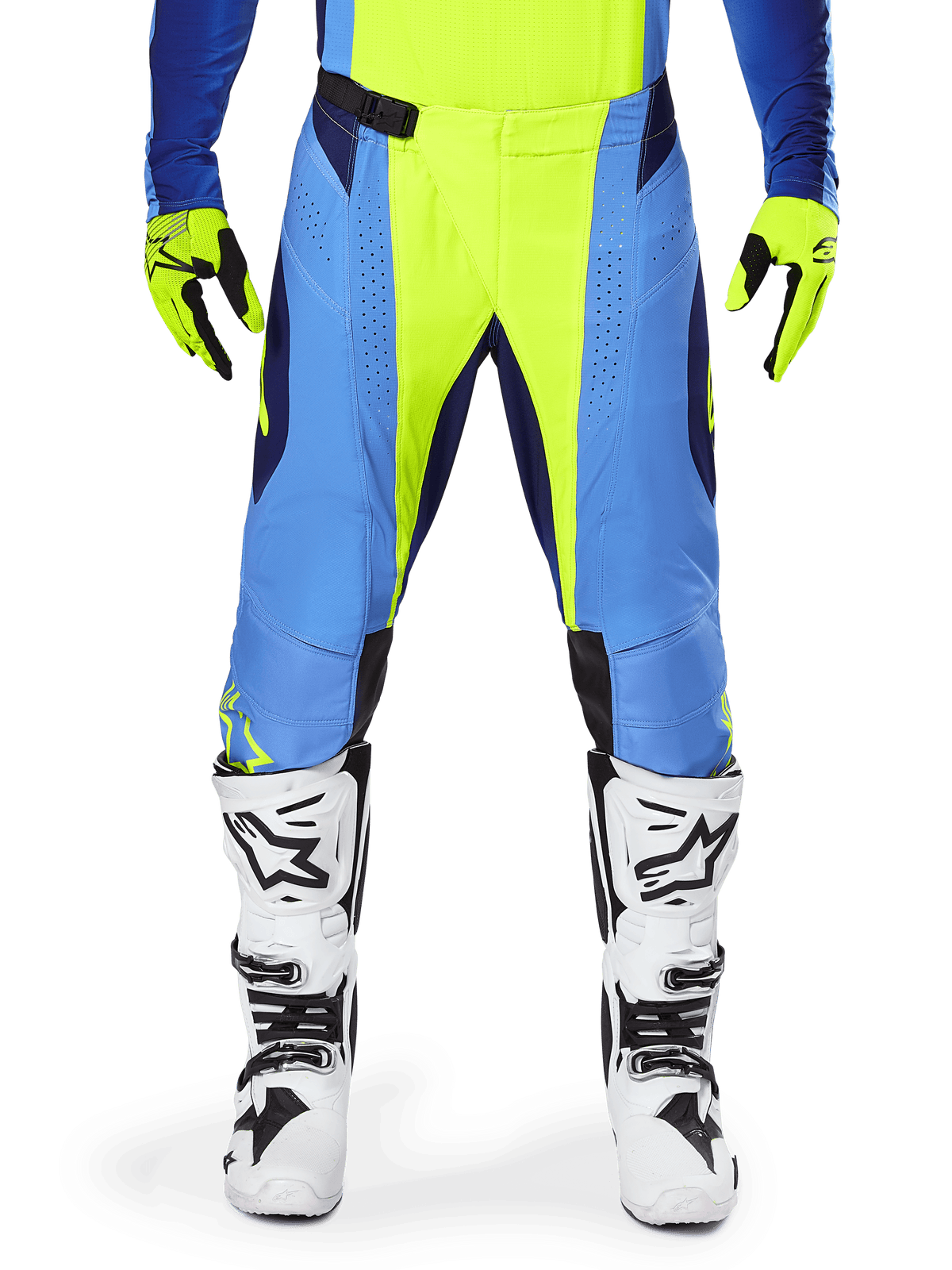 Alpinestars 2025 Techstar Melt Pants, Motocross Pants, Yellow Fluo and Blue, worn with matching gloves and white boots, featuring blue panels and fluo yellow accents, performance-driven design for off-road racing