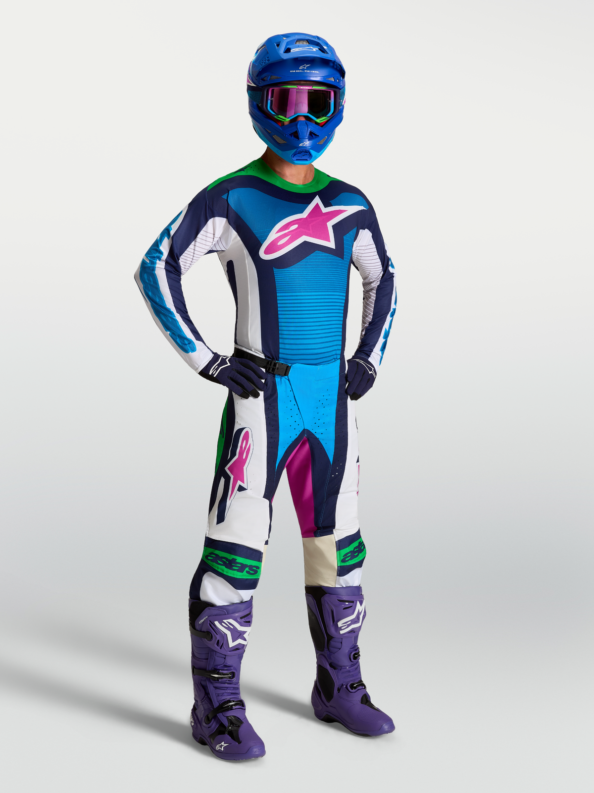 Alpinestars Techstar Maven Pants AND Techstar Maven Gear Set, men's blue and white motocross outfit with green fluo accents.