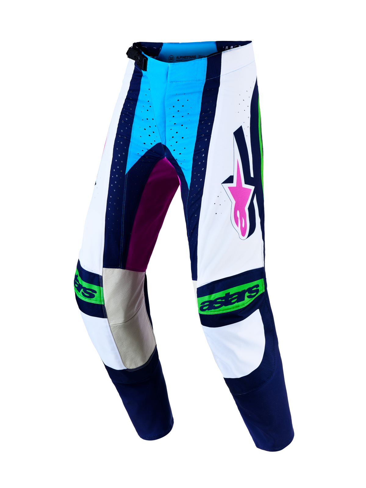 Alpinestars Techstar Maven Men's Motocross Pants, White and Blithe Blue with protective leather knee panels.