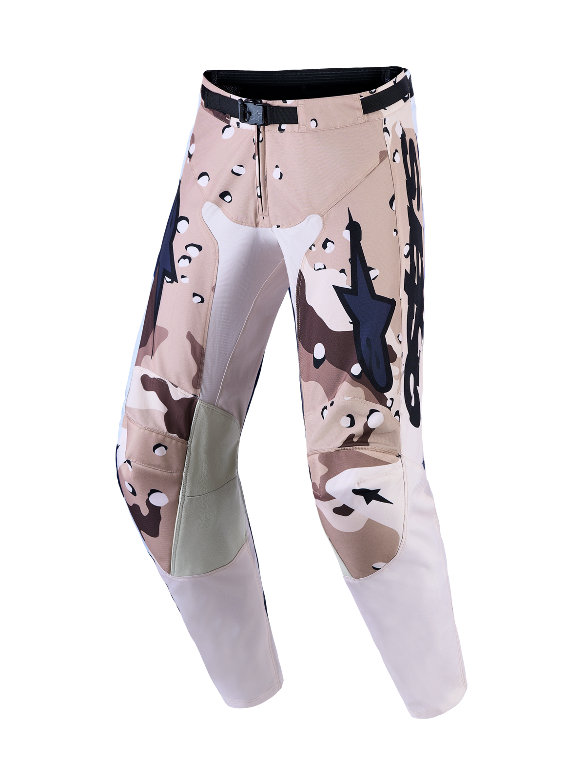 Alpinestars Men's Racer Lone Motocross Pants in Desert Camo and Black with magnetic waist closure and leather knees.