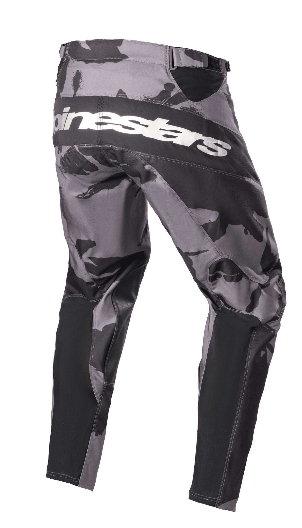 Alpinestars 2023 Racer Tactical Pants, Motocross Pants, Iron Camo gray and black camouflage, rear view featuring white Alpinestars branding across the seat, black reinforced panels, and technical stretch zones for off-road riding.