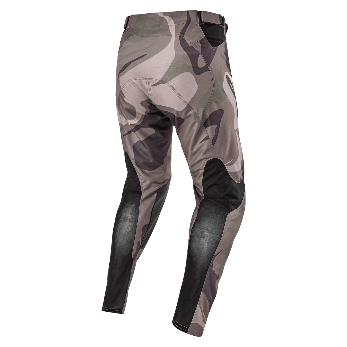 Alpinestars 2024 Racer Tactical Pants, Motocross Pants, Military Green Camo Brown, back view showing black breathable stretch panels on lower legs and camouflage design, durable textile for off-road racing