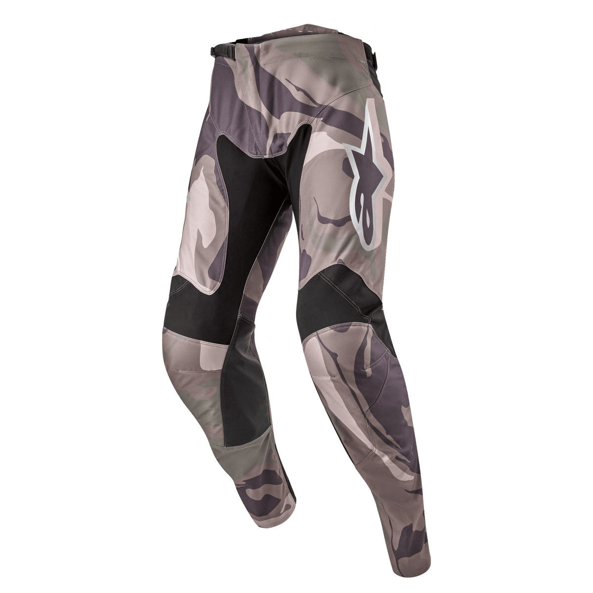 Alpinestars 2024 Racer Tactical Pants, Motocross Pants, Military Green Camo Brown camouflage pattern, featuring black stretch panels on inner thighs and knees, white Alpinestars logo on the thigh, ergonomic pre-curved design for off-road racing