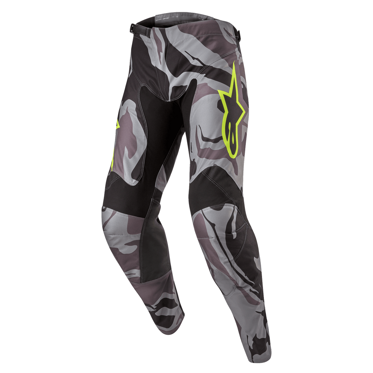 Alpinestars 2024 Racer Tactical Pants, Motocross Pants, Cast Gray Camo Magnet, gray and black camouflage pattern with neon yellow Alpinestars logo, black panels on inner thighs and knees, pre-curved sport fit for off-road racing