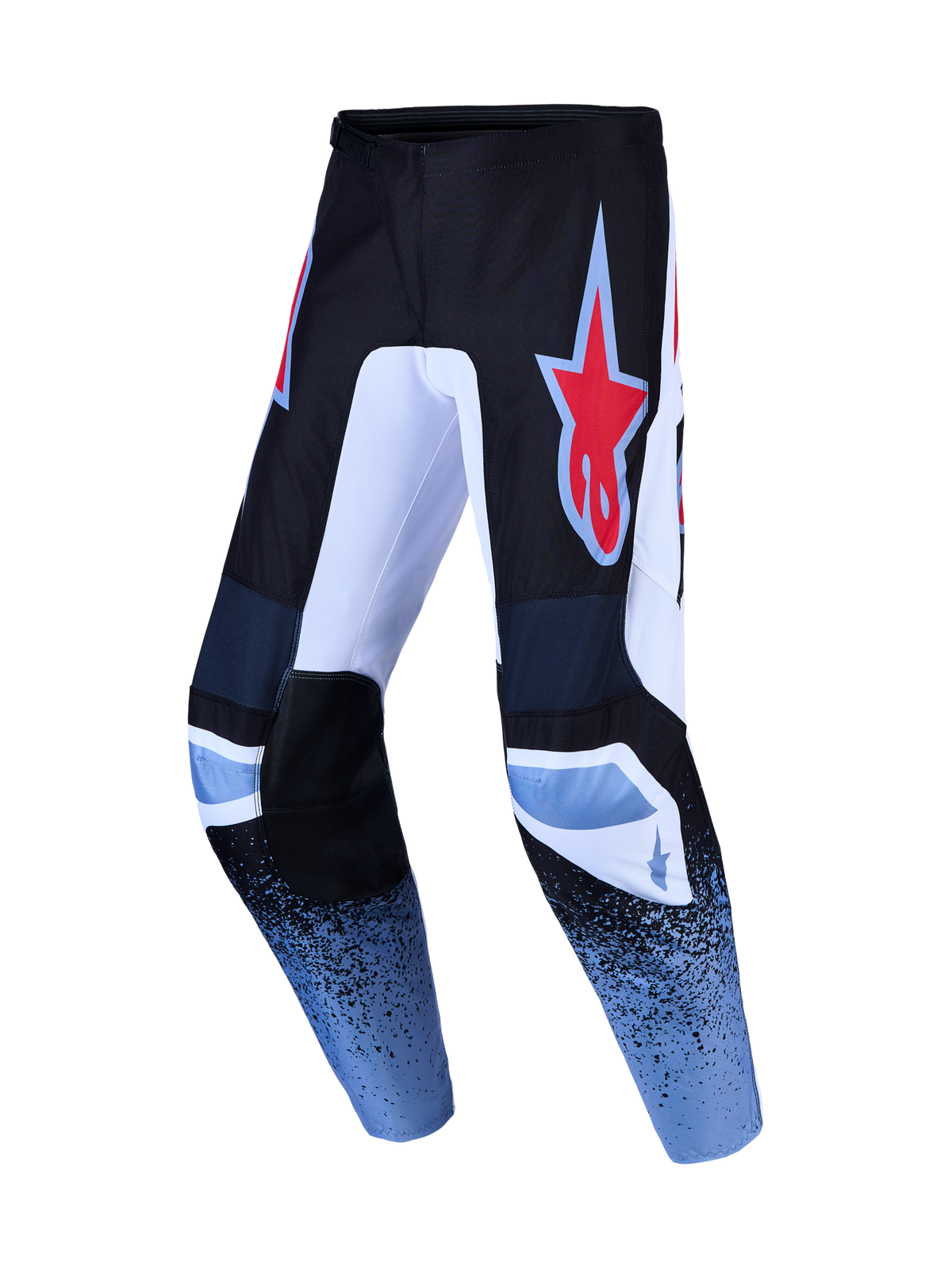 Alpinestars Fluid Drag Motocross Pants in black and blue with a red star logo and durable 600D polyfabric.