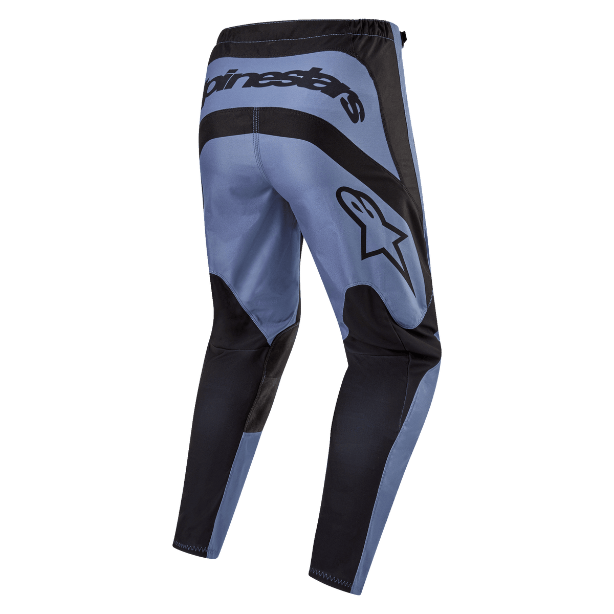 Alpinestars 2024 Fluid Lurv Pants, Motocross Pants, Light Blue and Black, rear view showing bold Alpinestars branding across the back and side, black reinforced panels on seat and inner legs, ergonomic pre-curved design for off-road performance