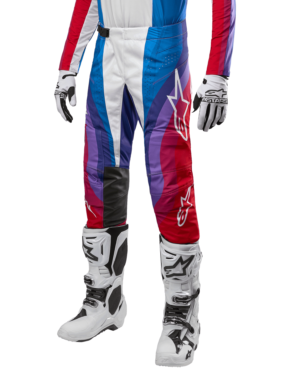 Alpinestars 2024 Techstar Pneuma Pants, Motocross Racing Pants, Blu Mars Red White, worn with matching jersey, white racing boots and gloves, vibrant graphic design with red blue and purple accents, perforated for breathability